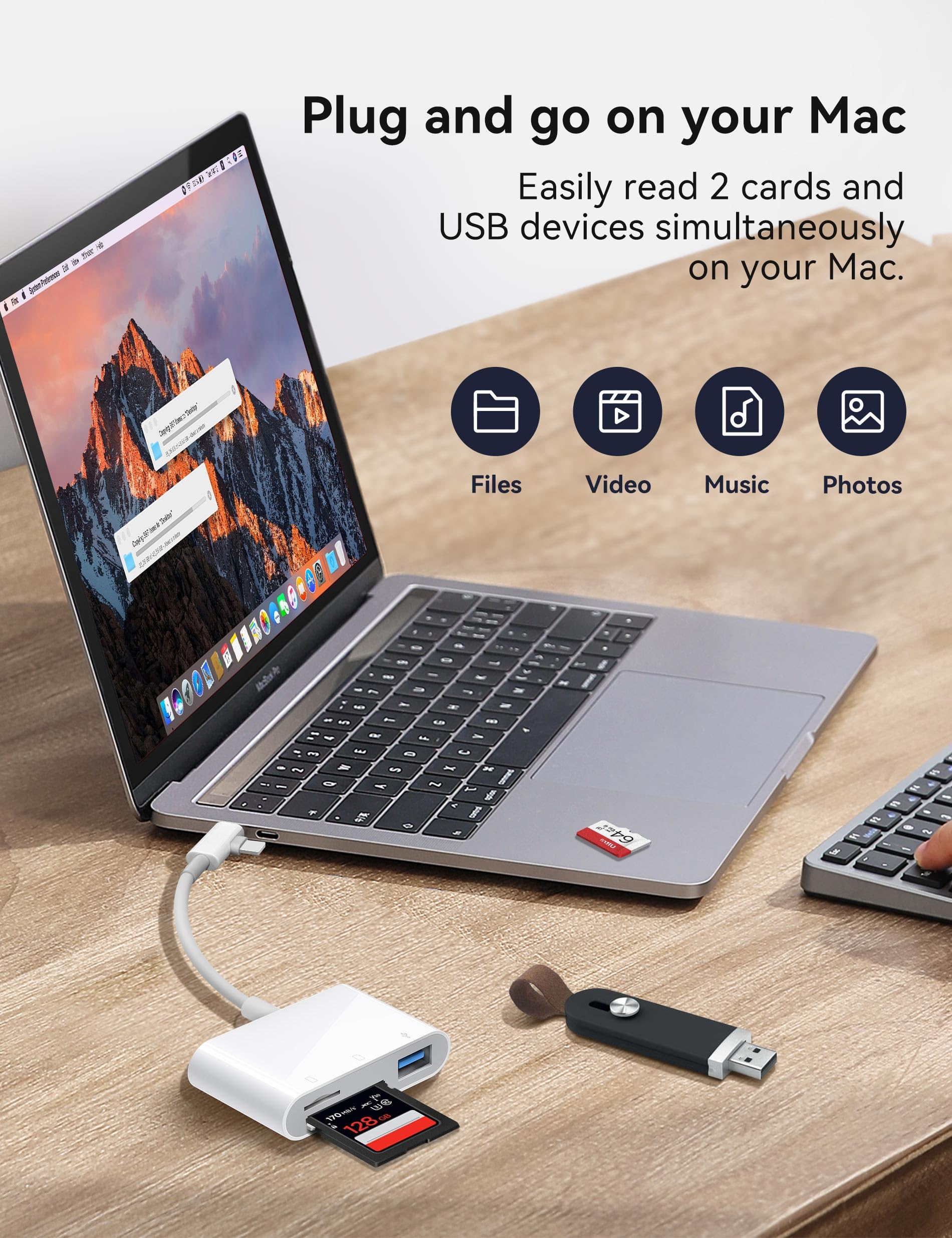 SD Card Reader for iPhone, SD Card Adapter with Lightening & USB C Dual Connectors Plug&Play Supports microSD, SD and USB-A OTG, Portable Trail Camera Memory Reader for iPhone Mac MacBook iPad