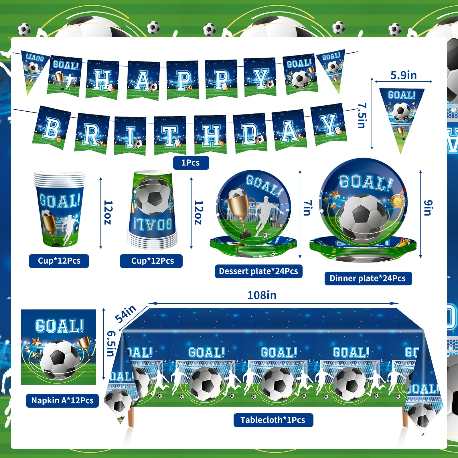 Soccer Birthday Party Supplies Kit, Soccer Theme Party Decorations - Serves 24 with Dinner Plates, Cups, Napkins, Tablecloth & Birthday Banner for Boys Girls Sports Themed Celebration Blue