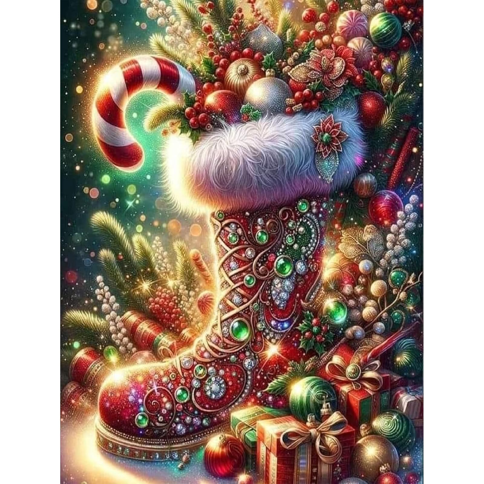 Jakener Diamond Painting-25Christmas-7 Christmas Diamond Art Kits For Adults Beginners,Boot Diamond Painting Kits For Adults,5D Full Drill Diy Diamond Dot Gem Art Kit Wall Home Decor Arts Craft 12X16 Inch