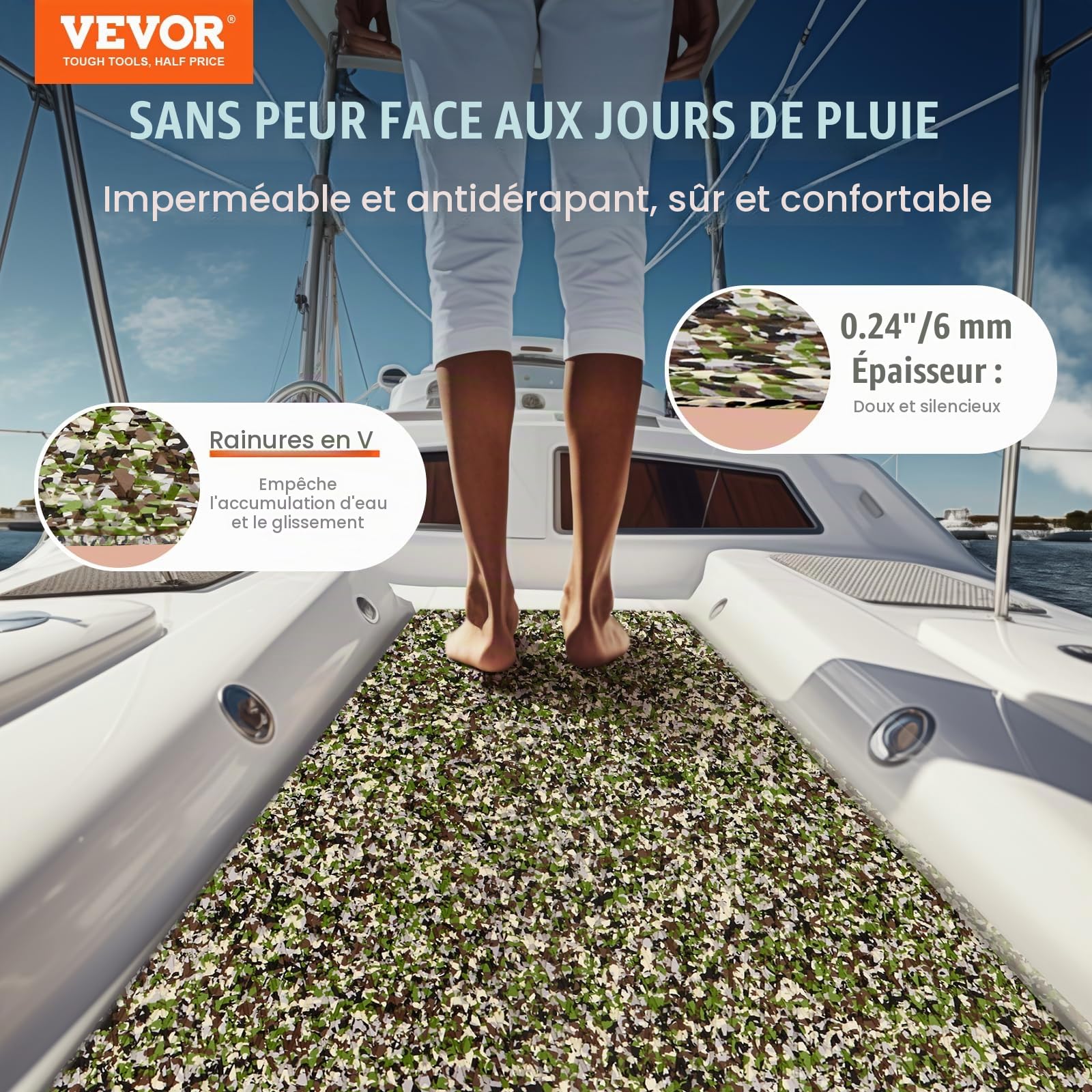 VEVOR Revêtement de sol pour bateau en mousse EVA 2400 x 900 mm plancher de revêtement de sol autocollant antidérapant, 21 600 cm², tapis marin pour bateaux, yachts, pontons, terrasses de kayak
