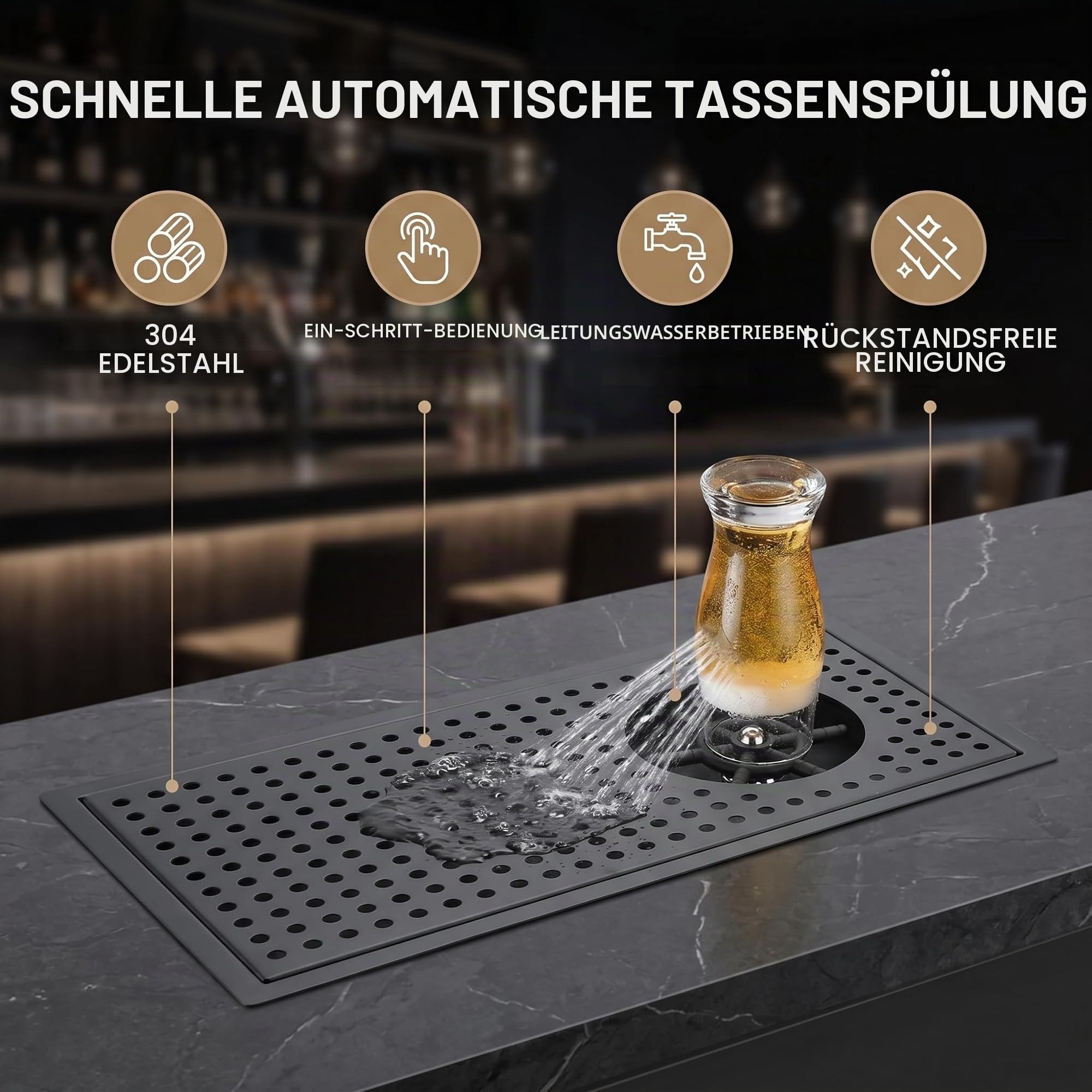 Pitcher Rinser Cup Waschmaschine Glasreinigung Rinser Edelstahl mit Mehrwinkelsprays, Ablauf- und Tropfschale für Bar Coffee Shop 425 × 225 × 75 MM