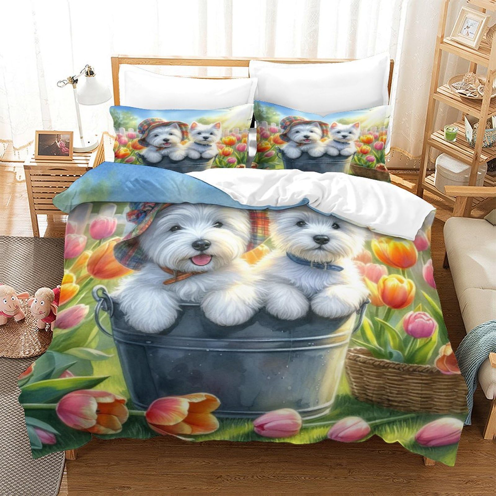 Qpirinmex West Highland White Terrier-4 West Highland White Terrier Duvet Cover Set Inch 3 Piece Printing Cute Dog Soft Comfortable Hypoallergenic With Zipper Closure For Kids Teens Adults King（220X240cm）