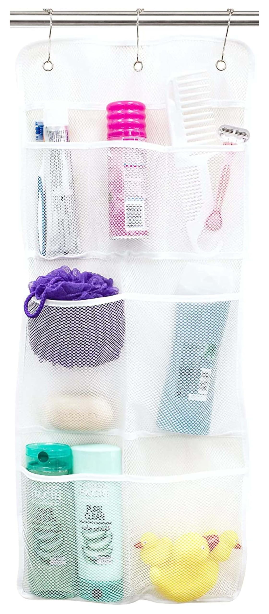 Shower Storage Bag 7 Pocket Hanging Mesh Organizer - Bathroom Caddy for Shampoo Conditioner Bath Accessories - White