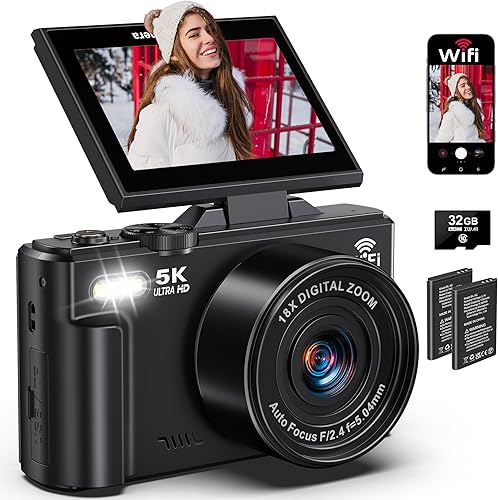 Cámara digital 5K para fotografía - Cámara WiFi de 75MP para YouTube - Cámaras digitales UHD 18X Zoom con pantalla abatible de 3 pulgadas 180° -