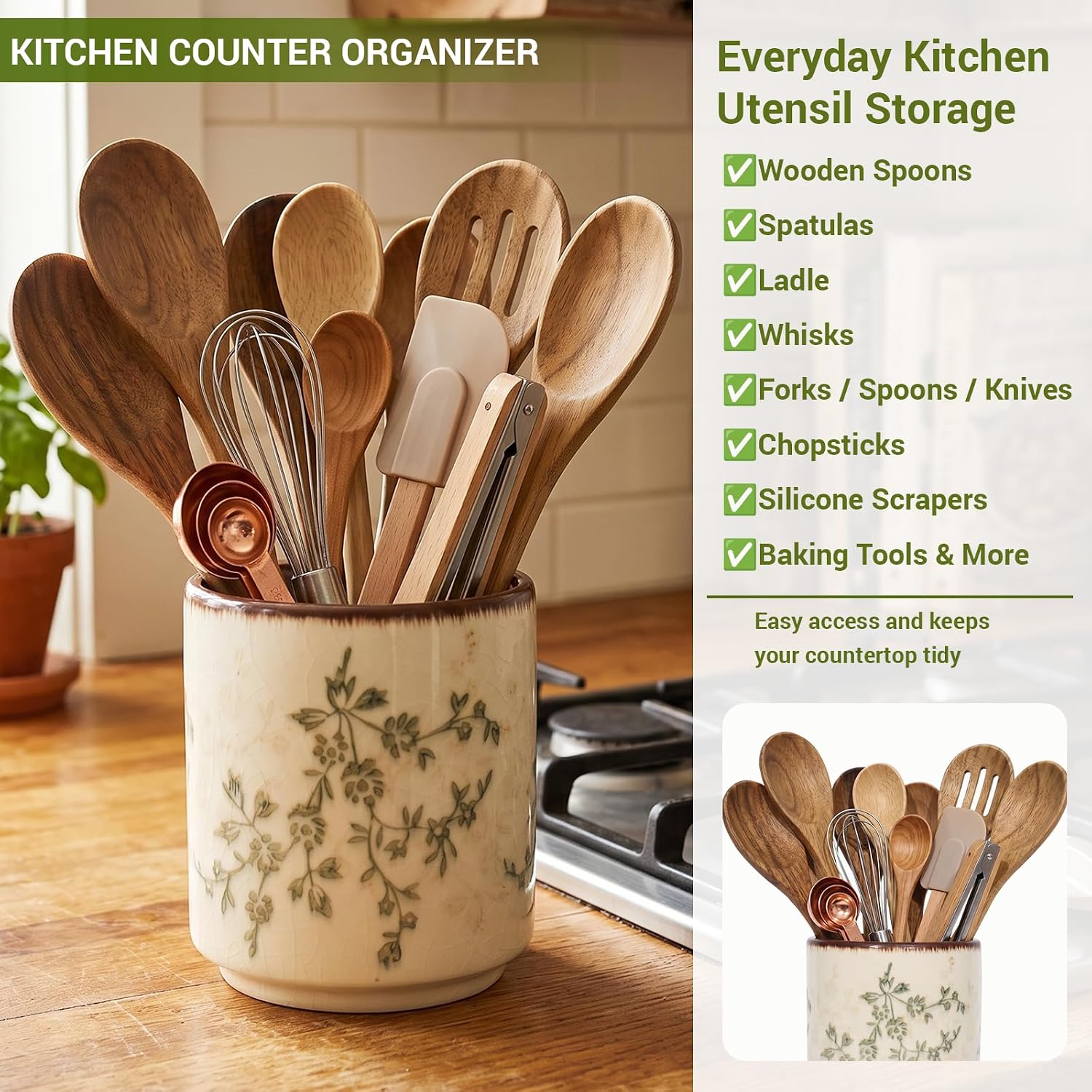 Rustic Ceramic Utensil Holder for Countertop, 5.5 x 4.7 x 4.7 in