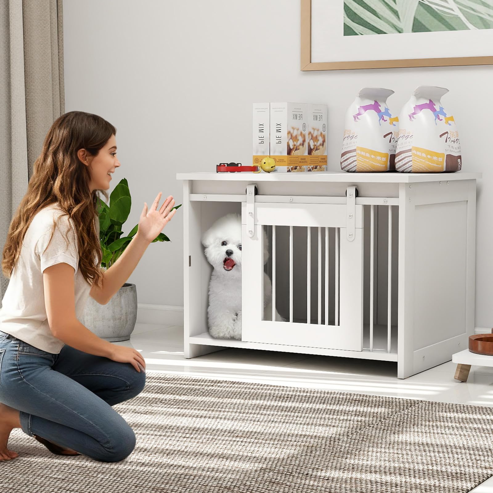 COSTWAY Hundekäfig Möbel, Hundebox für Zuhause, Hundehütte mit Schiebetür, Haustierkäfig aus Metall Holz, Beistelltisch modern, Indoor, für kleine & mittelgroße Hunde, 80 x 60 x 60 cm (Weiß)