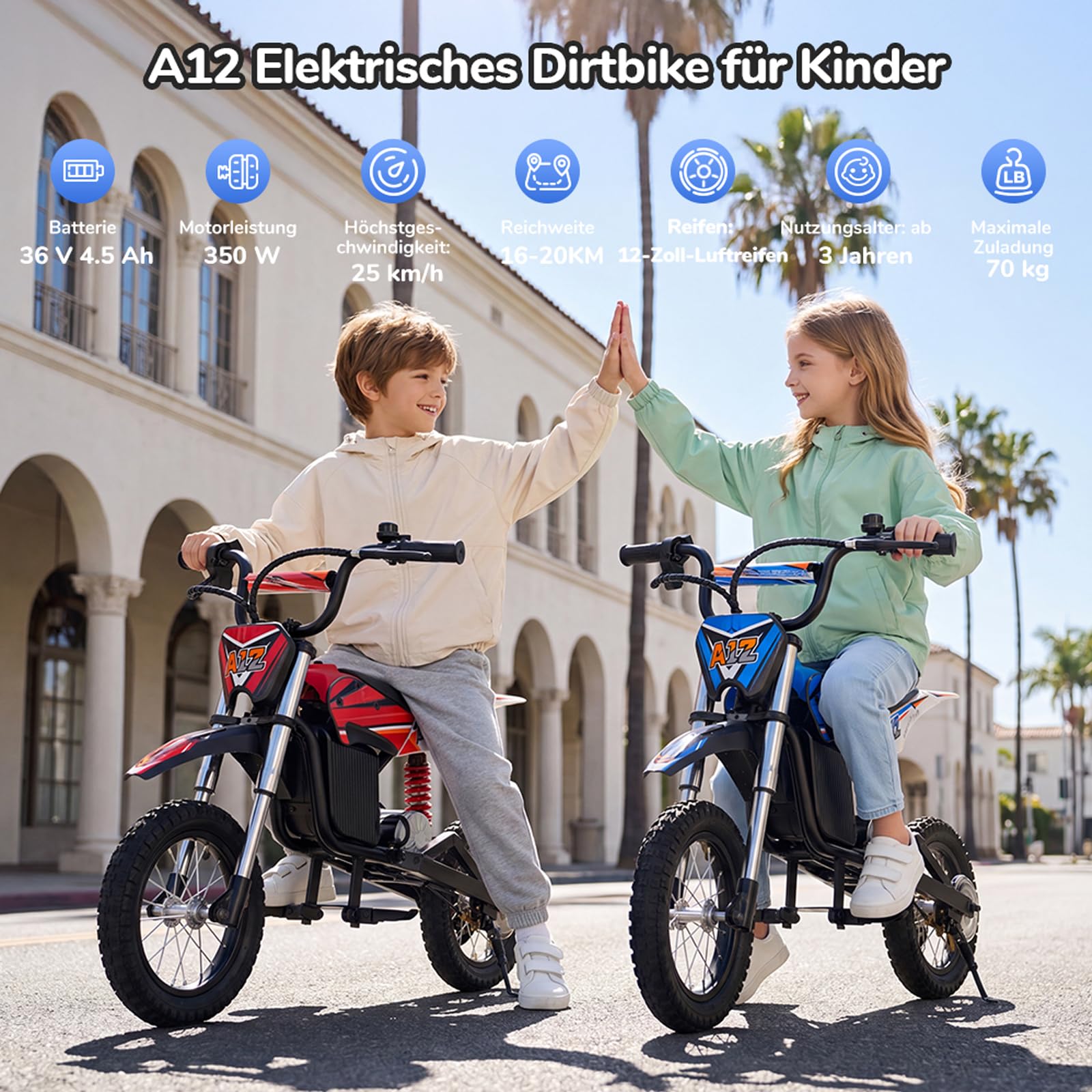 A12 Elektro Motorrad für Kinder ab 110cm Körpergröße 3–12-Jährige (Blau) | Elektromotorrad mit 350W Motor, 3 Geschwindigkeitsmodus, 20KM Max Reichweite, 12 Zoll Luftreifen,LED,doppelte Stoßdämpfung
