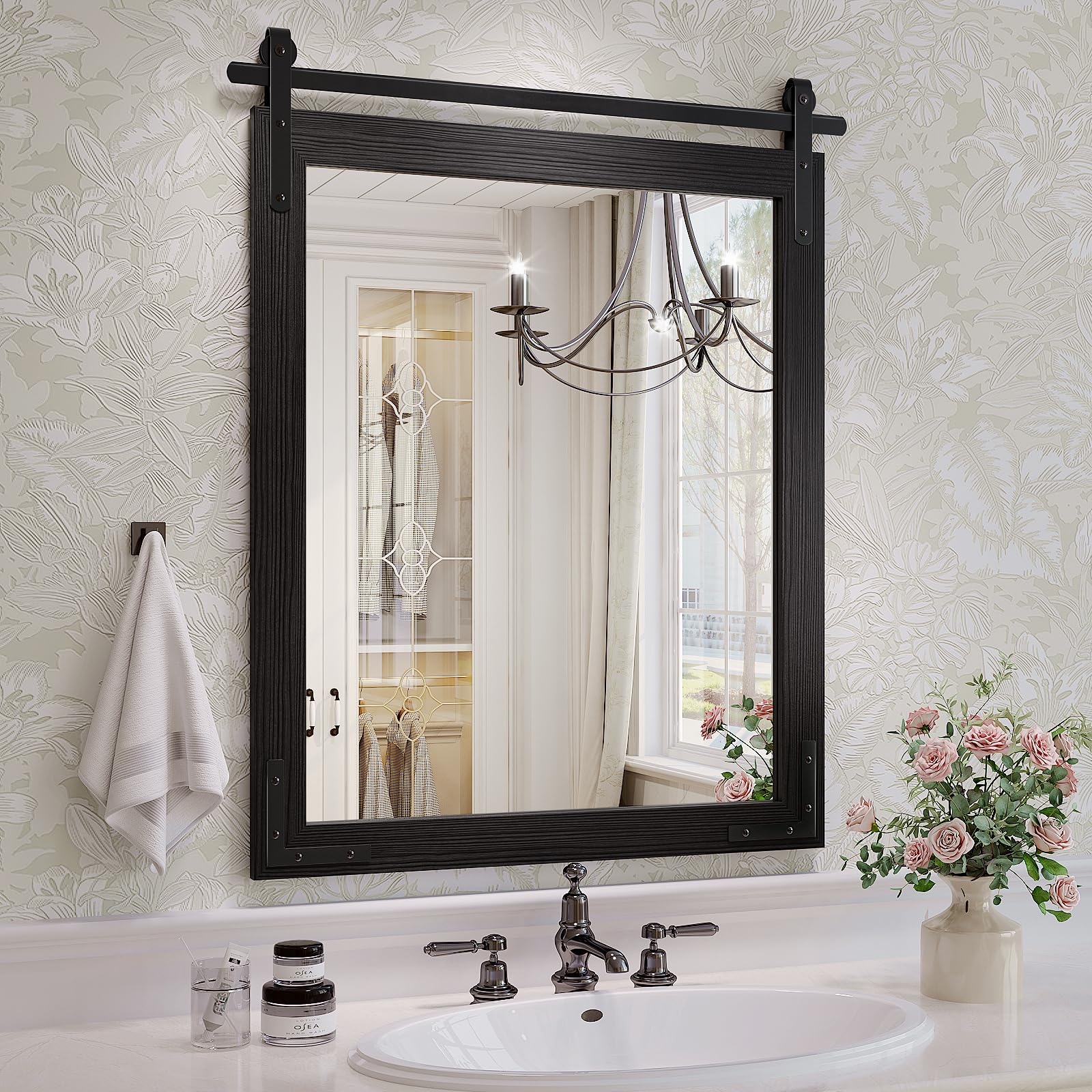 JIINGYO Black Farmhouse Bathroom Mirror, 24x32 Inch Black Vanity Mirror for Wall, Wood Framed Rustic Mirror Rectangular Wall Decor Mirrors for