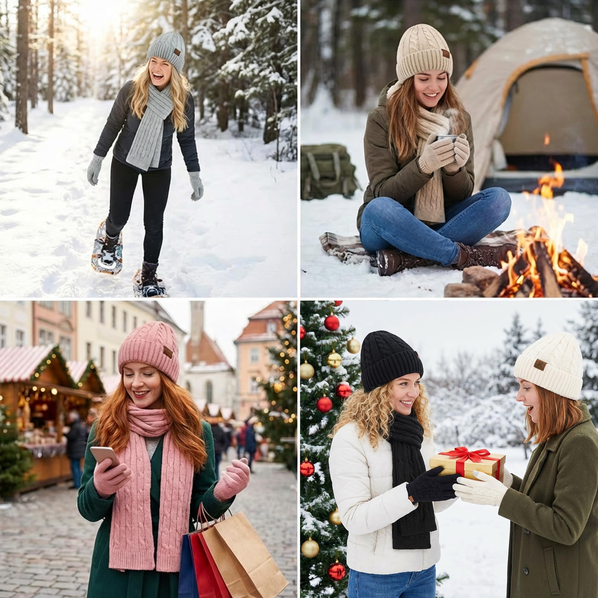 ZASFOU Damen Winter Mütze Schal Touchscreen Handschuhe Set Thermo Strickmütze Beanie Wintermütze Schals Winterschal Winterhandschuhe Geschenk für Frauen