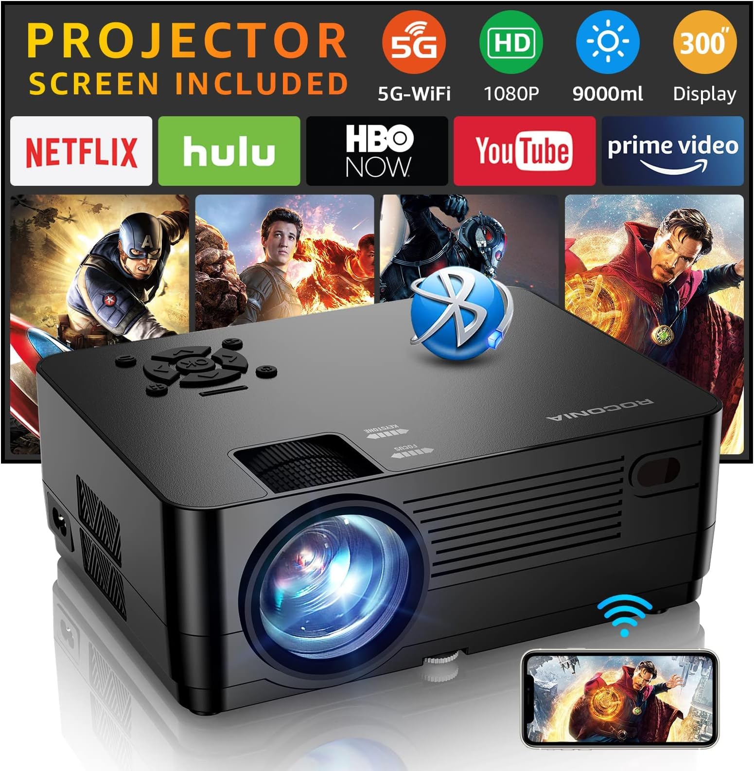 Roconia 5G WiFi Bluetooth Native 1080P Projector[Projector Screen Included], 9000LM Full HD Movie Projector, 300" Display Support 4k Home Theater,Compatible with iOS/Android/XBox/PS4/TV Stick/HDMI/USB