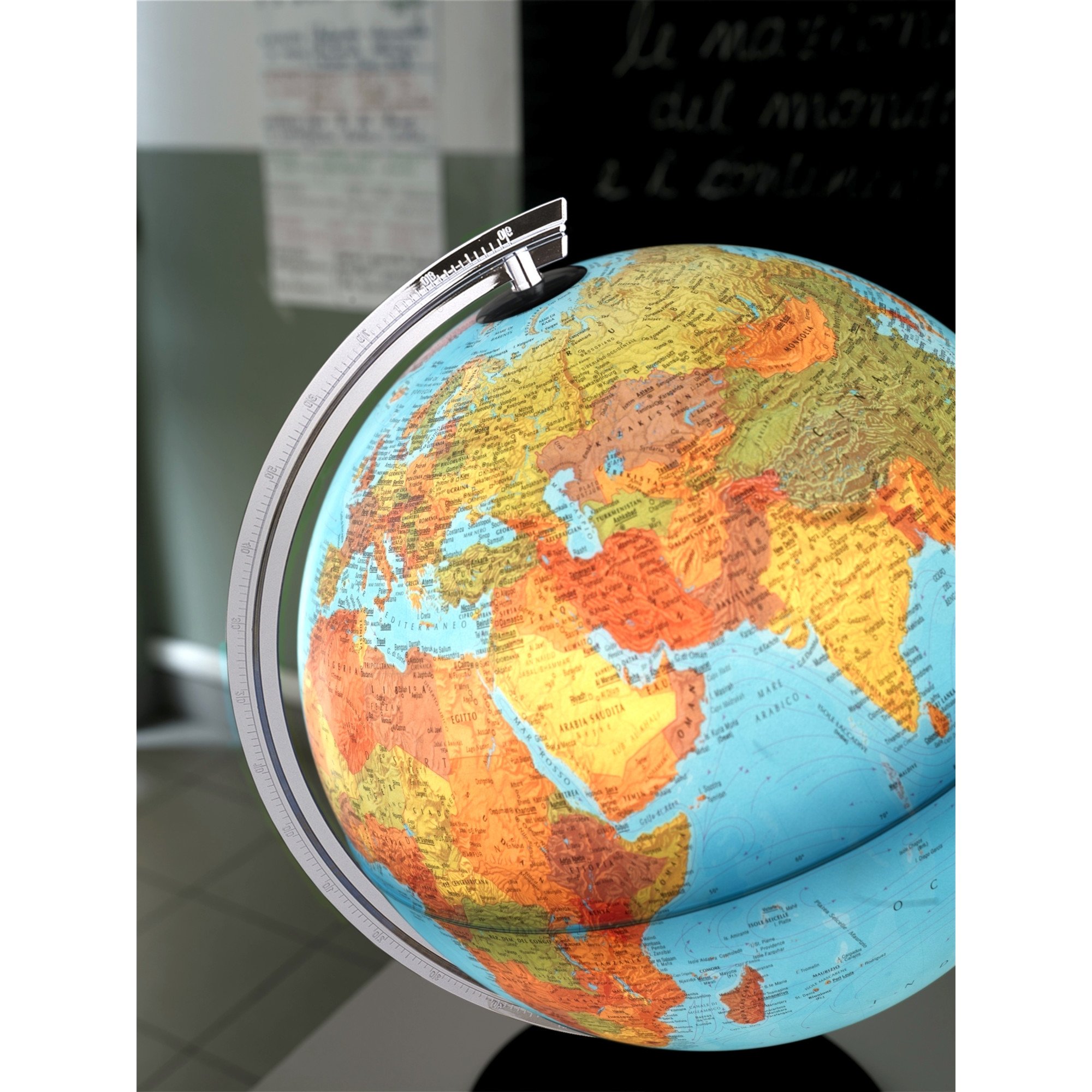 DP 4029 Leuchtglobus: Großer Leuchtglobus 40 cm Durchm., Doppelbild, verchromter Meridian, Echtholzfuß: Kartenbild: Phys./Polit (Klassischer Globus)