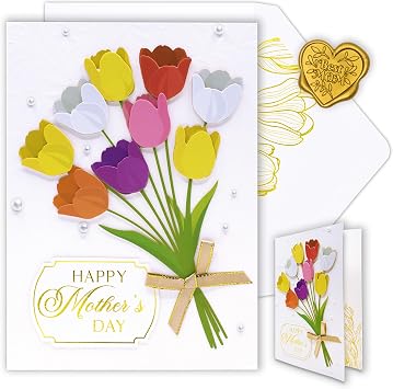Decorably Gold-Foiled 5x7in Individual Mothers Day Cards for Daughter with Tulips Cutout, Ribbon & Pearls, with Envelope & Sealing Wax, Textured with Printed Message Inside - Gifting, Mailing