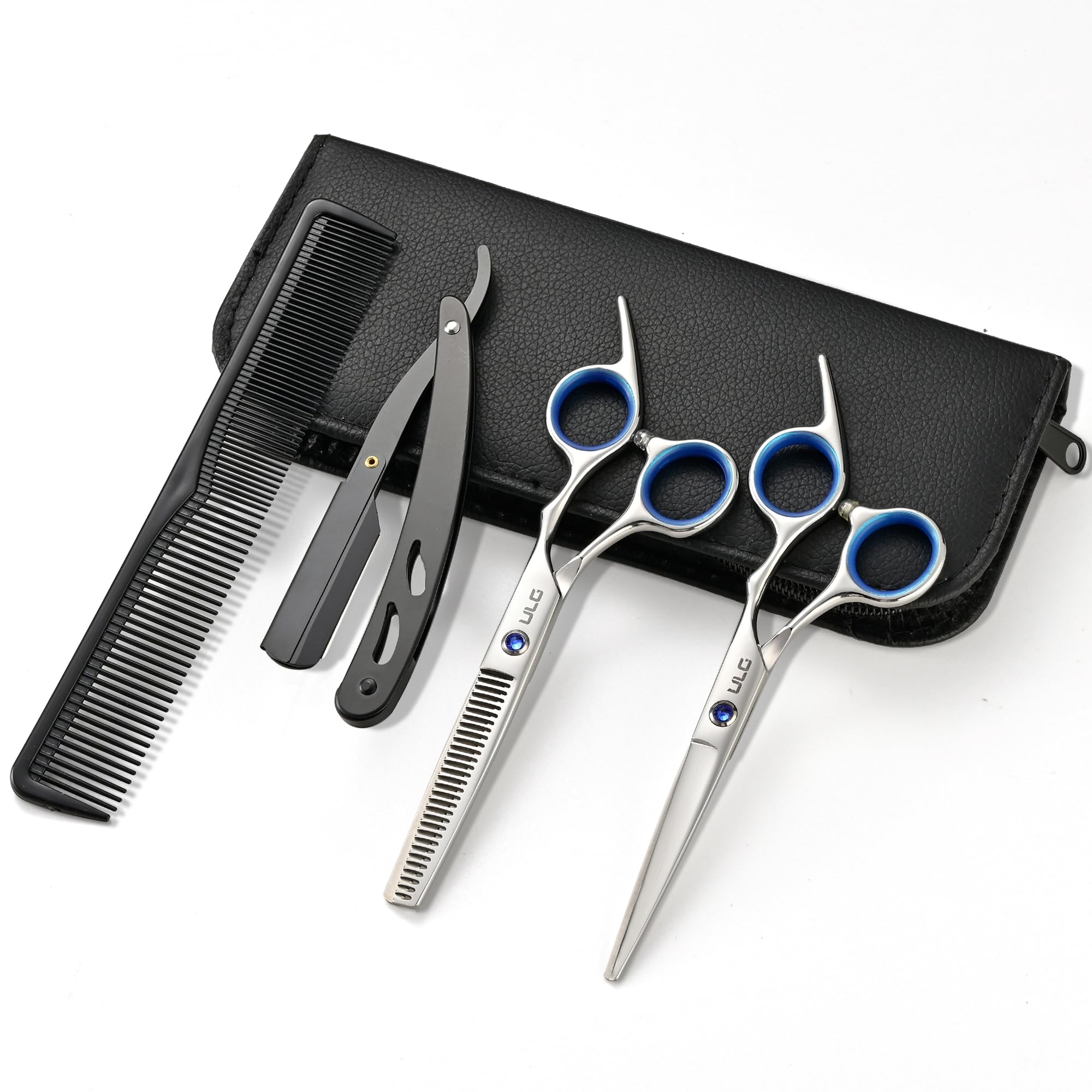 ULG Haarschneideschere Ausdünnungsschere Set Professionelle Friseurschere Texturierungssalon Rasierklingenschere Friseurset1 Pro 16,5 cm Silber
