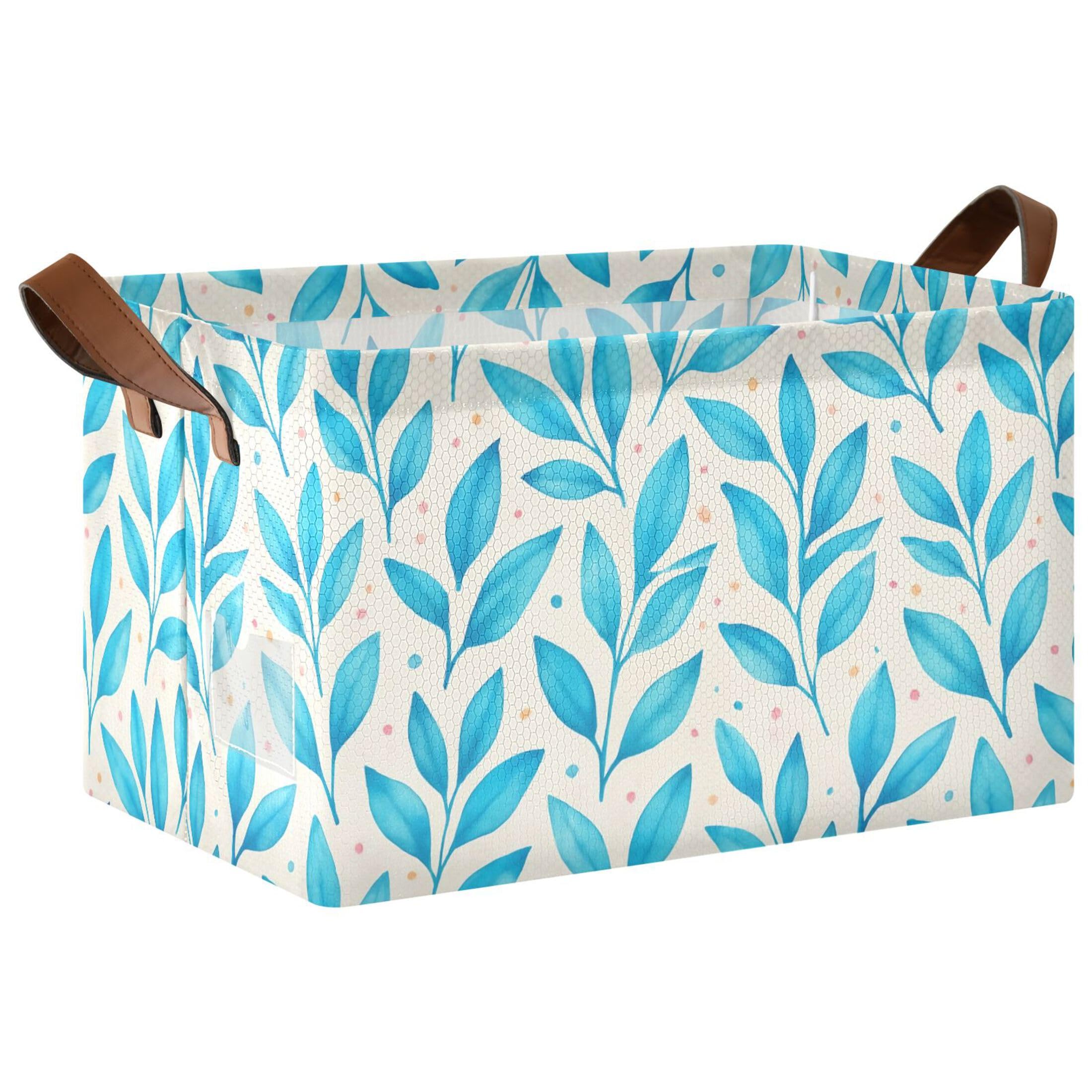 Kutsu Blue Leaves Foldable Storage Basket Collapsible Bin With Handles For Shelves