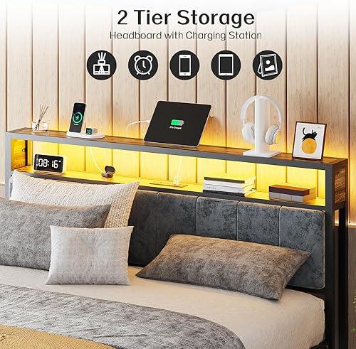 Miniatura 5 de OLEVS Base de cama King con cabecero, plataforma de metal tamaño King con almacenamiento de 2 niveles, luz LED y estación de carga tipo C, no
