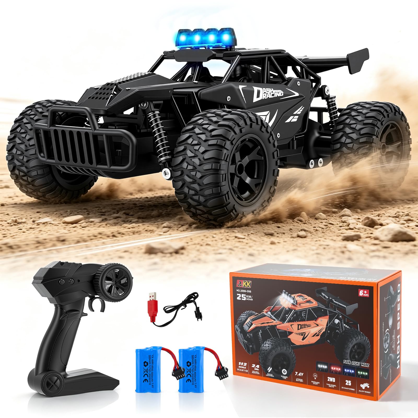 Coche teledirigido Offroad escala 1:12, 500 mAh RC Auto 20-25 km/h con 2 baterías y 50 min de tiempo de reproducción, todo terreno Monster Truck con mando a distancia de 2,4 GHz, juguete para niños a