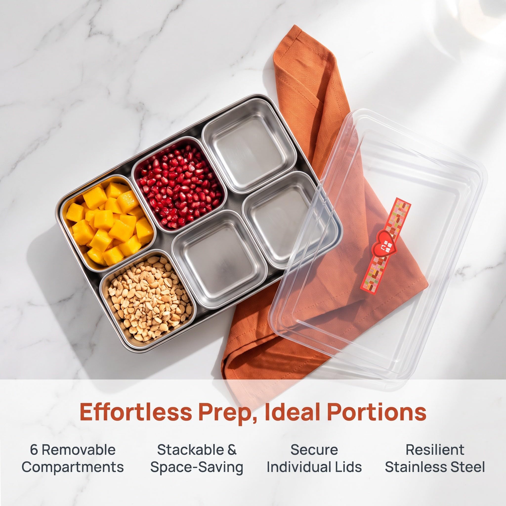 OUNONA 1 Set Snackbox mit 6 Fächern: Gewürzbehälter aus Edelstahl mit Deckel und 6 Löffeln für Obstgerichte und gekühlte Garnituren, 34 x 30,5 x 8,1 cm