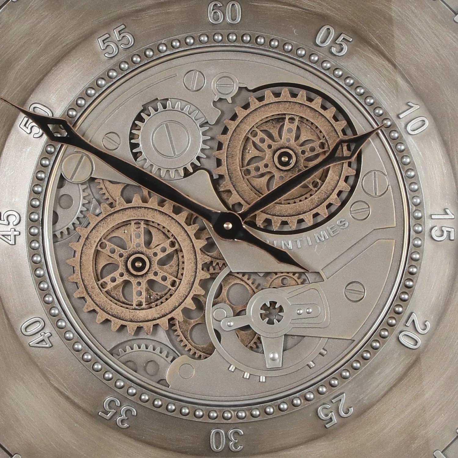 Wanduhr mit echtem Bewegungsgetriebe Zahnrädern 59,5cm (Metall, Antike Grau)