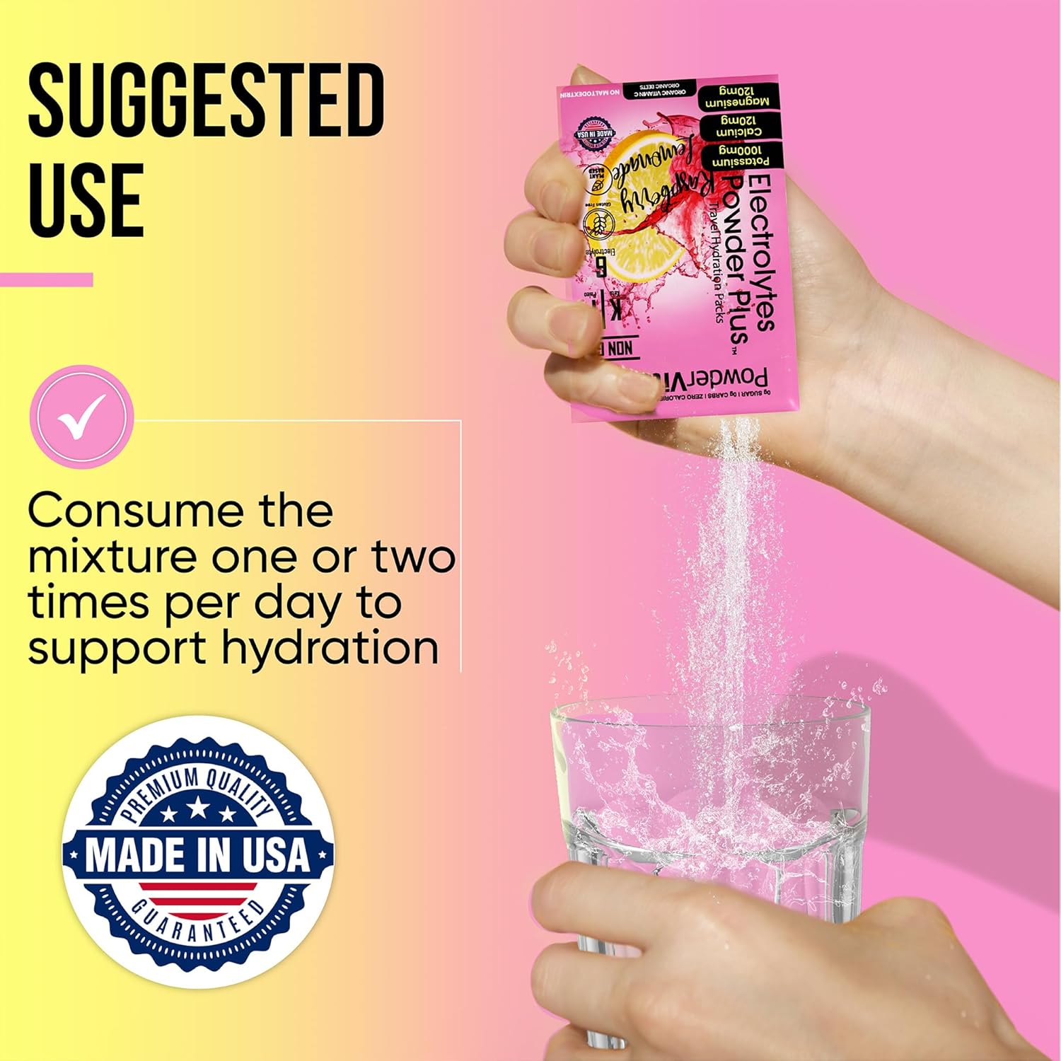 PowderVitamin Electrolytes Powder Plus, Keto, Raspberry Lemonade, Sugar Free, 1000mg Potassium, 120mg Calcium, 120mg Magnesium, Non-GMO, Zero Calories, 30 Hydration Packets