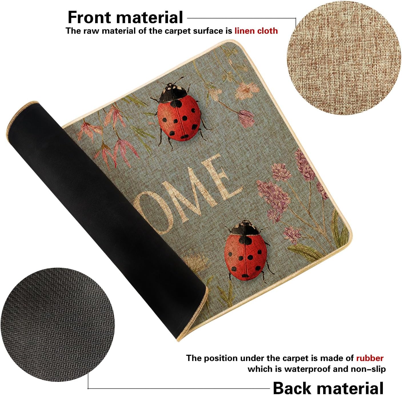 Ladybug Welcome Doormat, Red Insect Floor Mat for Spring Indoor & Outdoor Entryway Decor, Non-Slip Rubber Dust-Absorbent Front Mat, Easy to Clean 29x17 Inch