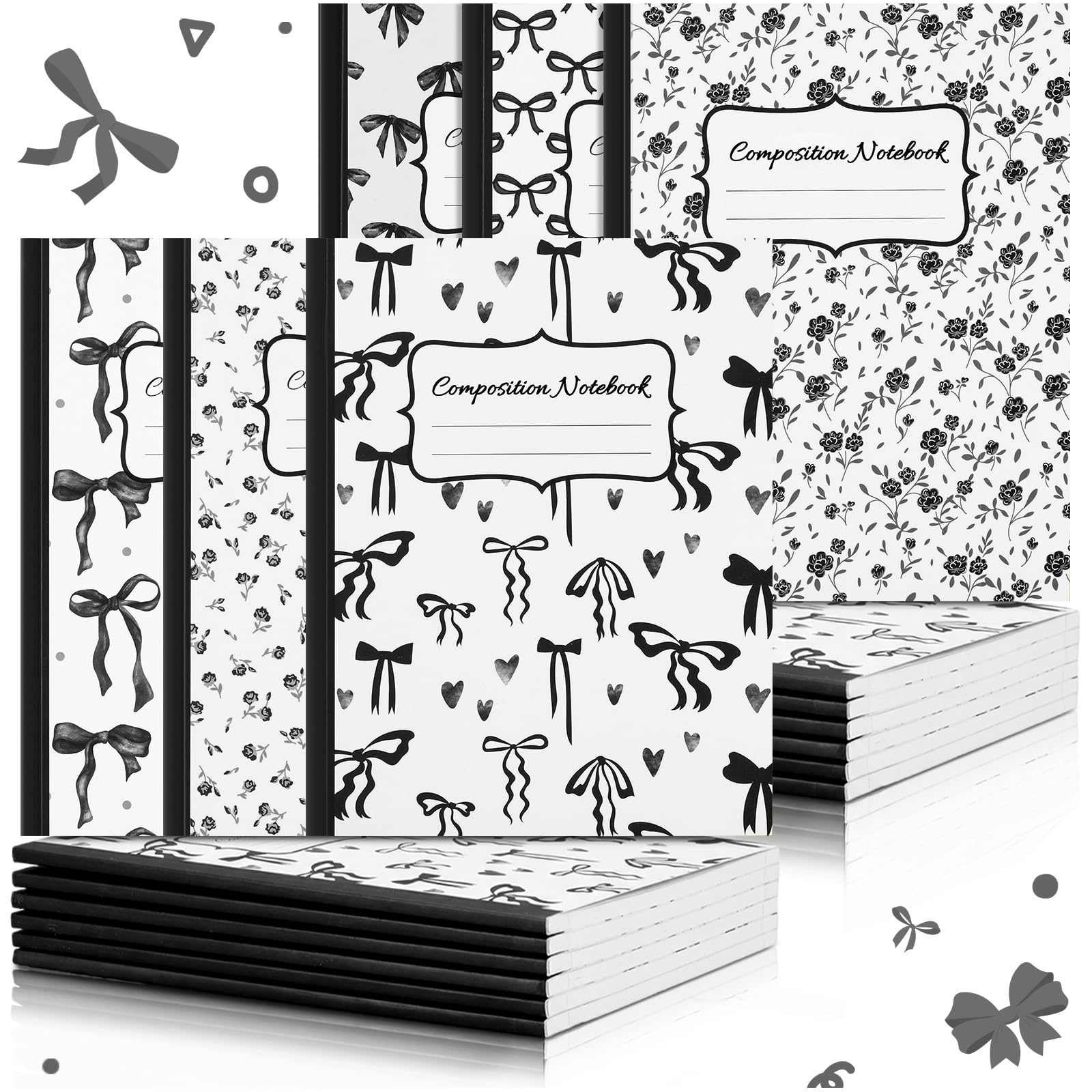 Fullhawl Lot de 6 carnets de composition avec nœud noir, ligné pour l'université, 110 pages, 24,5 x 19,5 cm, joli cadeau pour enseignant, étudiant, premier jour d'école