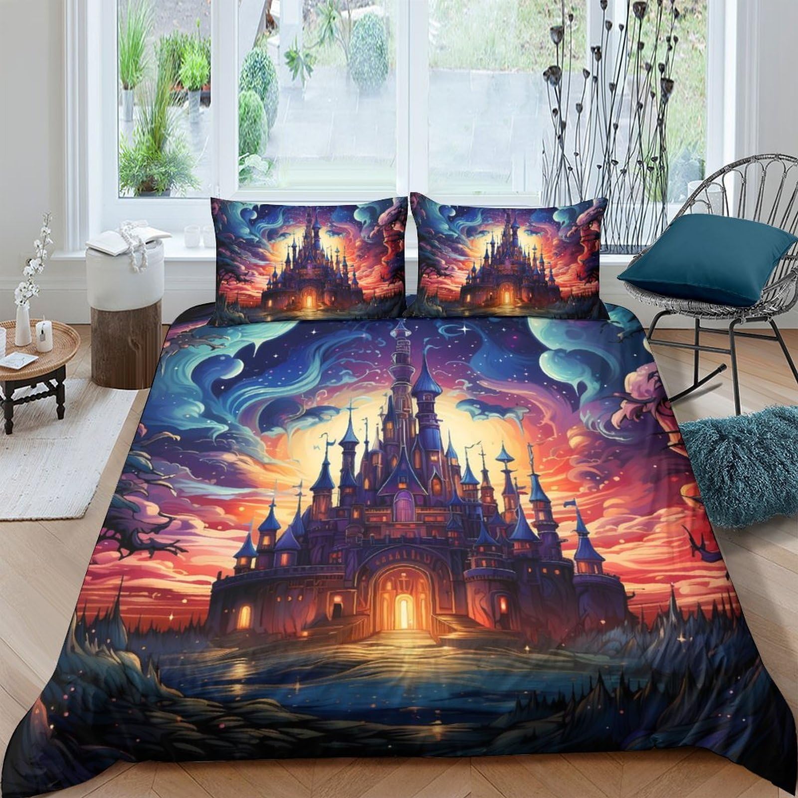 Ctjqhvkz Style-1 3D Printed Fantasy Castle Fitted Sheet Microfiber Deep Blue Sunset Mattress Cover Non-Slip Bedroom Decor Single（135X200cm）