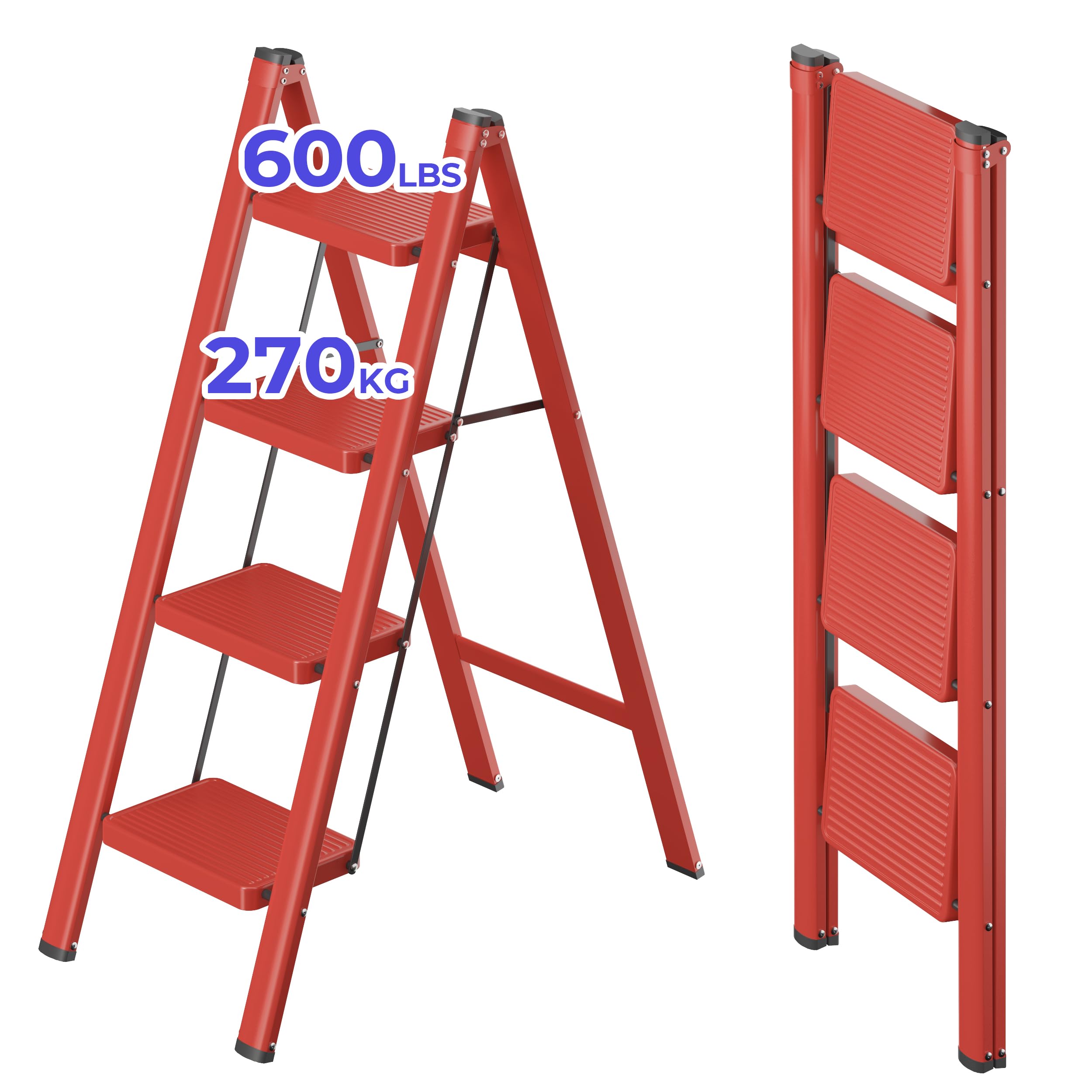 JOISCOPE 4 Step Ladder,Lightweight Folding Step Stool with Anti-Slip Pedal,600 lbs Portable Sturdy Steel Ladder for Adults,Multi Purpose Folding Ladder for Home Kitchen Office,Space Saving, Red