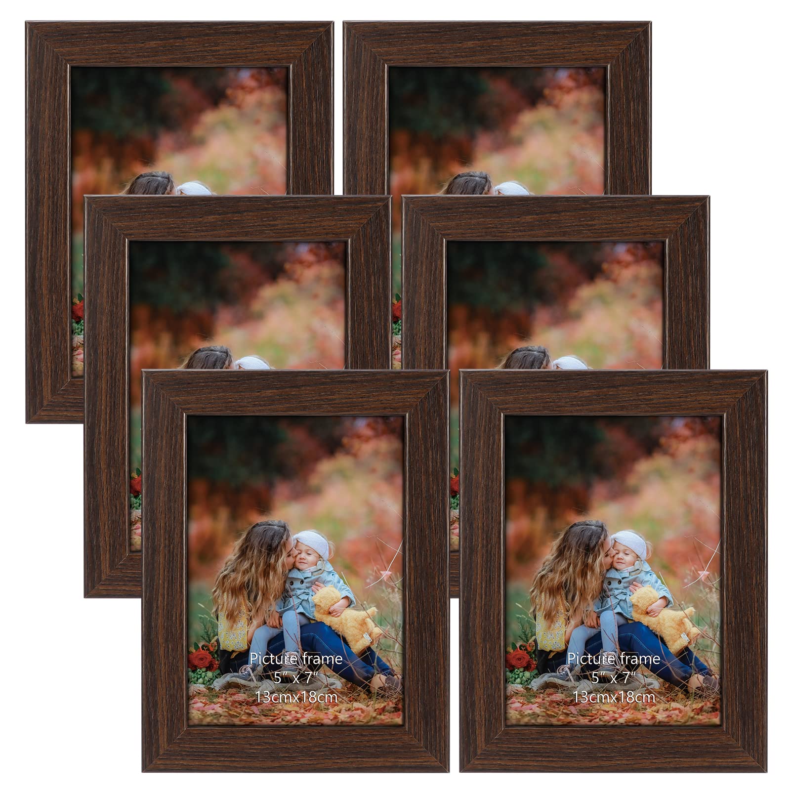 CRUGLA 5x7 Photo Picture Frame Set, Brown 5 by 7 Photo Family Frames for Wall Standing Desk Tabletop Frame Christmas Decor, 6 Packs