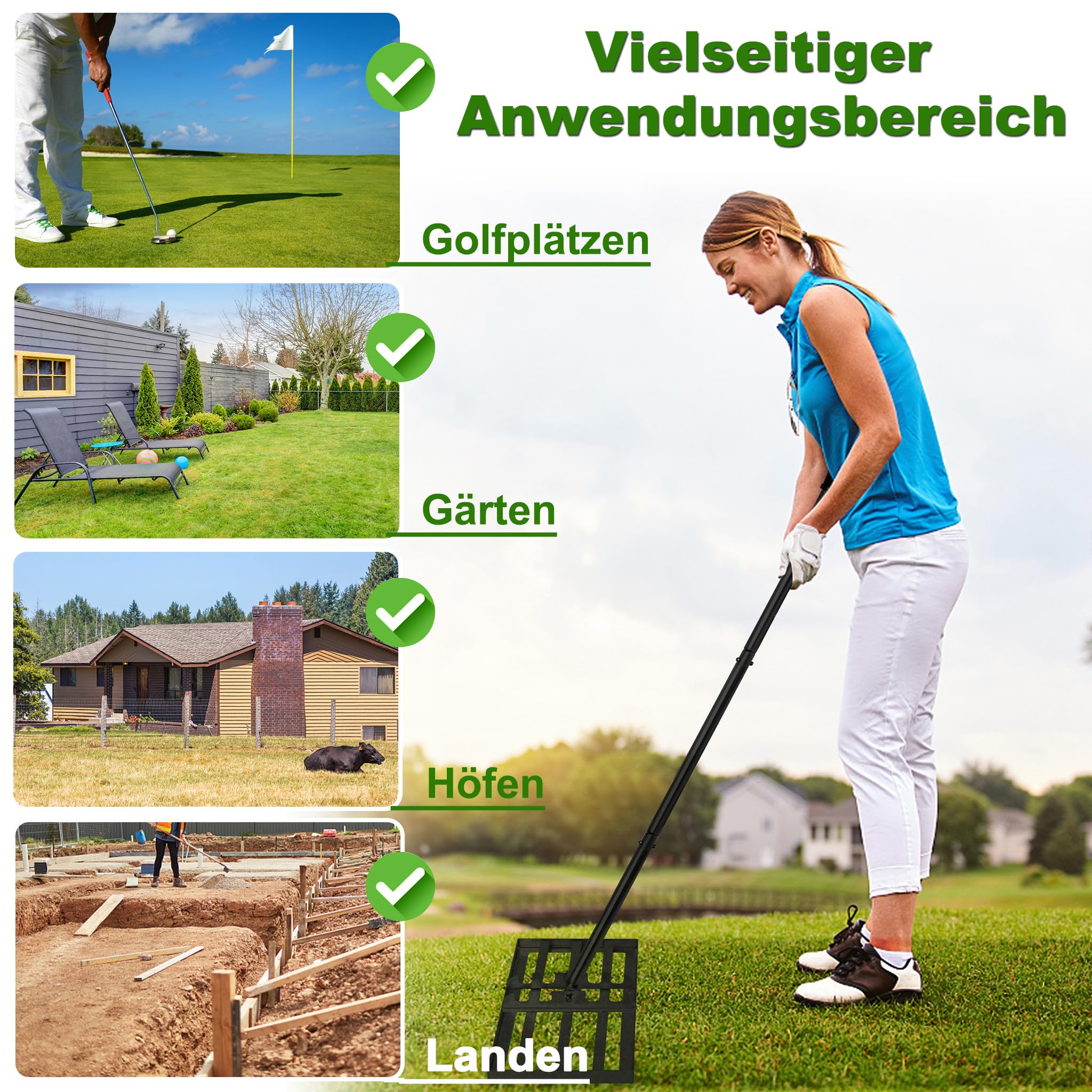 Lawn Leveling Rake Rasqueta de 75 x 25 cm, color negro, rastrillo de nivelación ajustable de 95,5 a 185 cm, con mango de acero inoxidable y mango de goma, rastrillo de césped, ideal para el