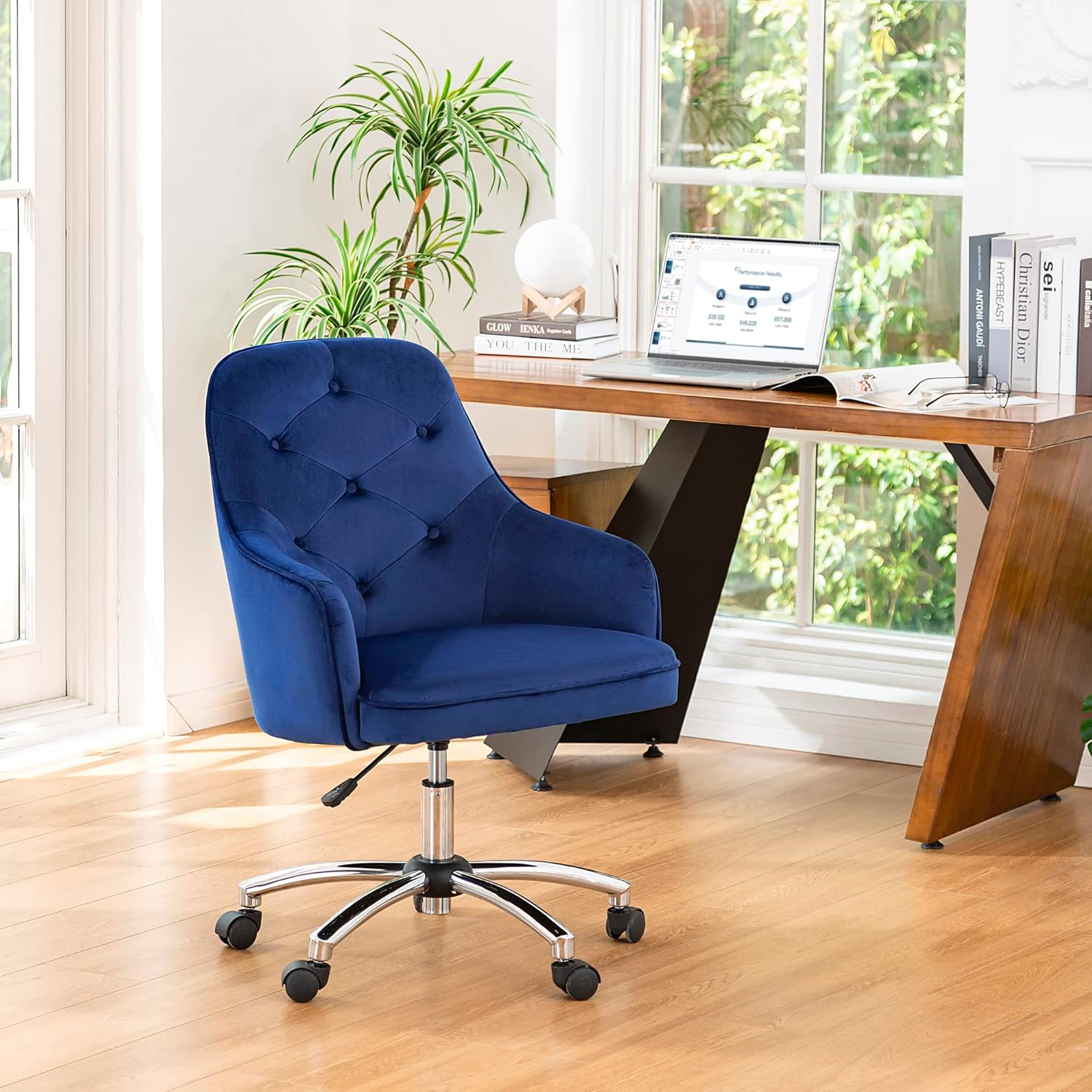 glitzhome Mid Century Office Desk Swivel Chair, Thick Velvet Task Chair, Adjustable