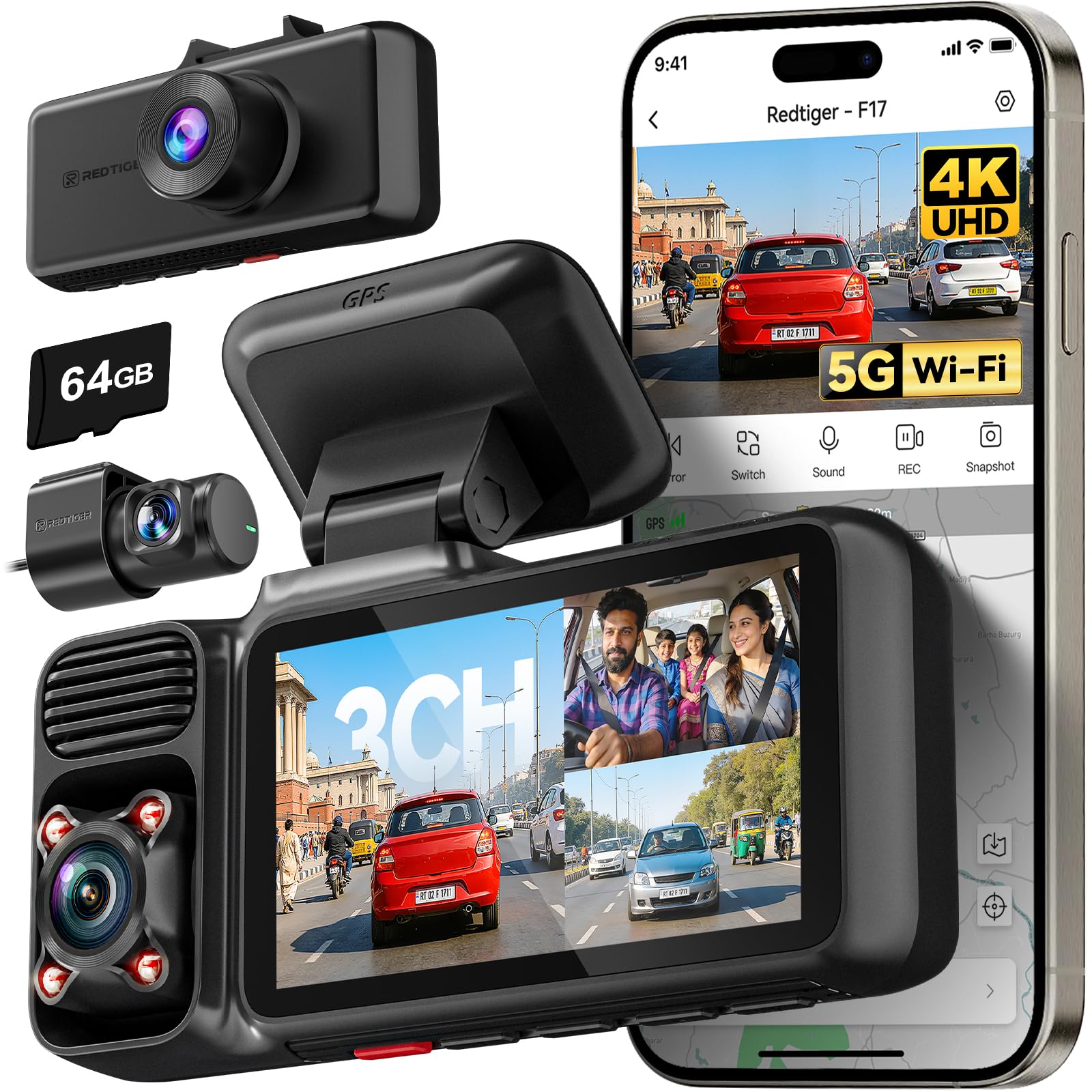REDTIGER 4K 3 Channel Dash Cam 5G WiFi Built-in GPS, Free 64GB Card, 2160P+1080P+1080P Front and Rear Inside Loop Recording, Triple Car Camera with 3 Inch Screen, IR Night View, WDR, Parking Mode