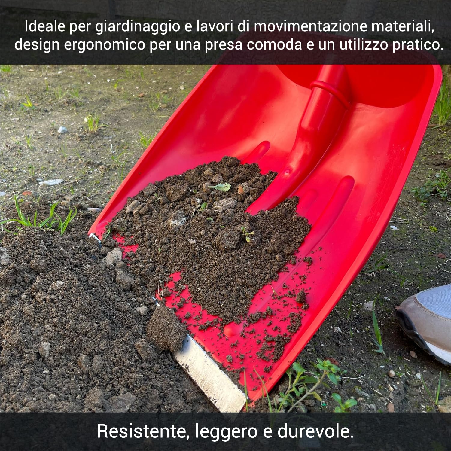 Crisalide® - Baie professionnelle en ABS, extrémités renforcées en aluminium anti-choc, 42 x 37 cm, poignée 135 cm, polyvalente pour usage agricole, jardinage et construction, pelle ergonomique