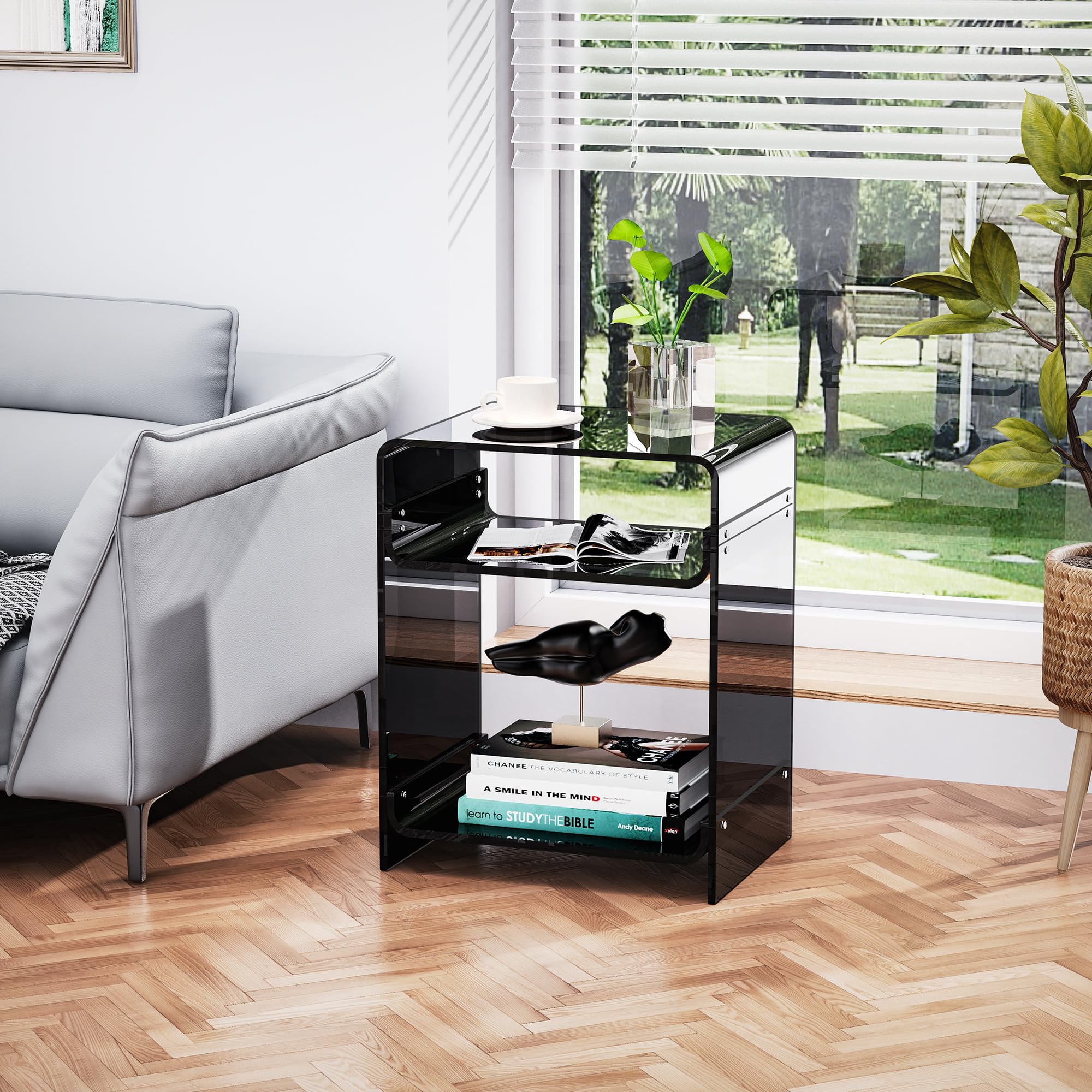 Tavolino in Acrilico Trasparente per Giradischi, Comodino con Ripiano Portaoggetti (scuro, 40×30×50 cm)