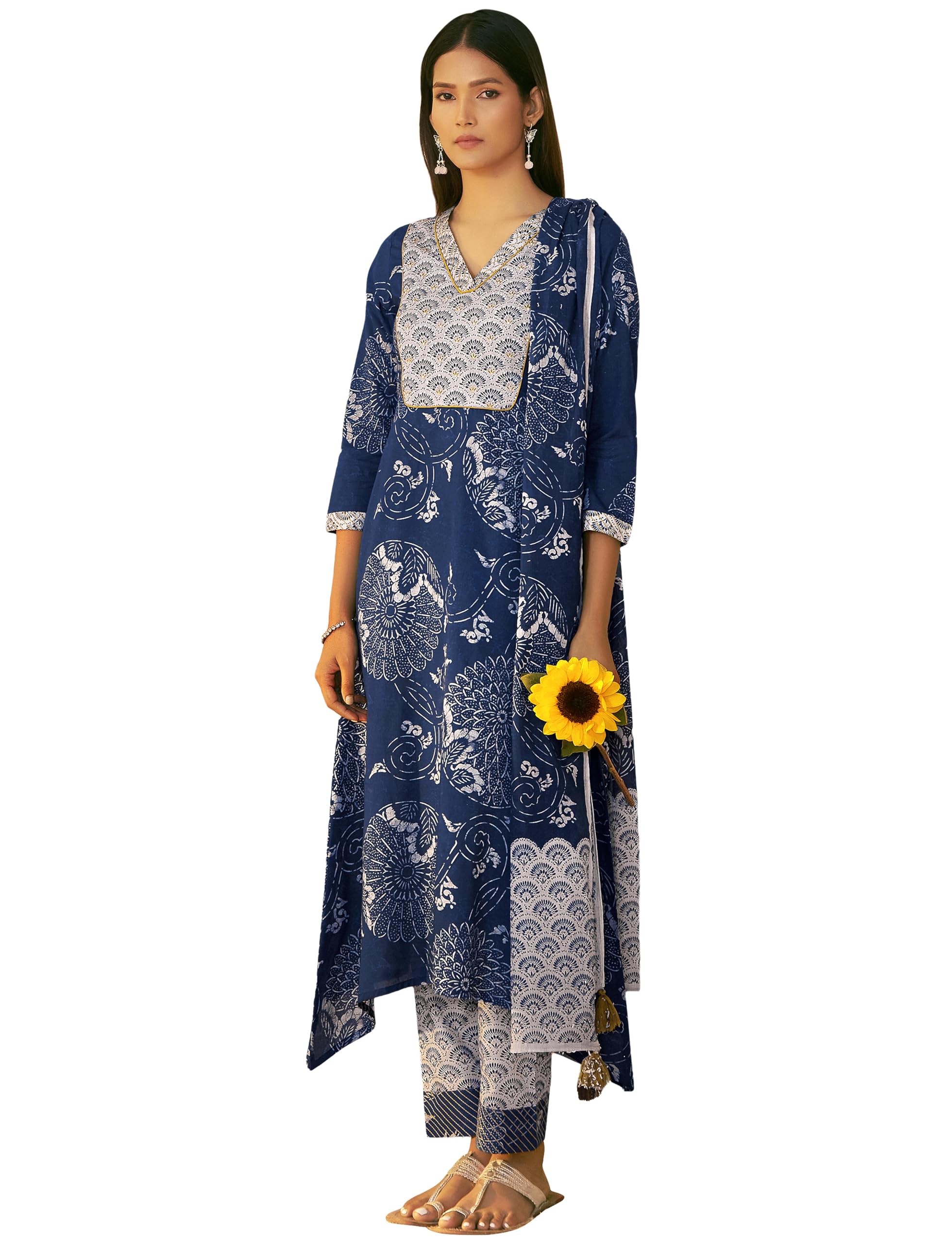 Pure Cotton Printed Kurta Set with Pant & Dupatta l Stylish Tassel Dupatta l V Neck Festive-image-18