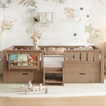 Bellemave Full Floor Bed with Stairs, Rails and Slats, Full Size Montessori Floor Bed with Bookshelf and 2 Storage Drawers, Easy Assemble Montessori Beds Frame for Girls, Boys, Natural