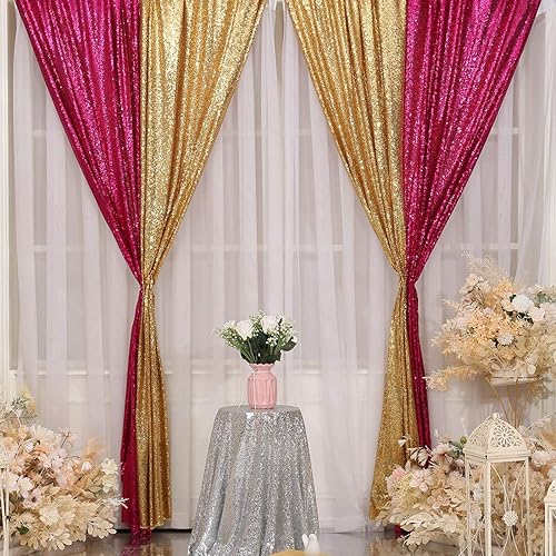 Miniatura 8 de SquarePie Cortina de lentejuelas, 2 paneles, 2 x 8 pies, telón de fondo dorado para boda, fiesta, Navidad
