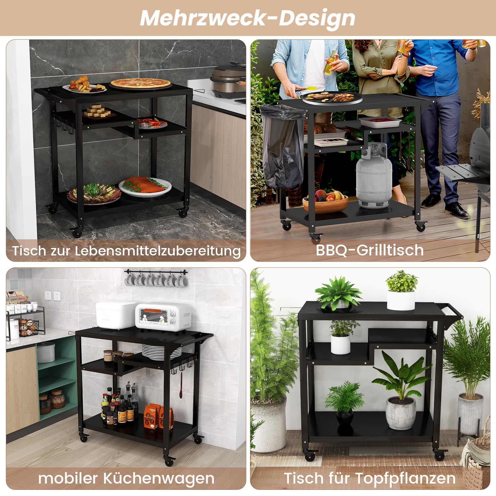 COSTWAY Grillwagen Grilltisch Outdoor, Pizzatisch mit 4 Ablagen & 4 Rollen & Haken, Grill Beistelltisch Servierwagen Garten Trolley für den Außenbereich, 85 x 50,5 x 93 cm (4 Ablagen)