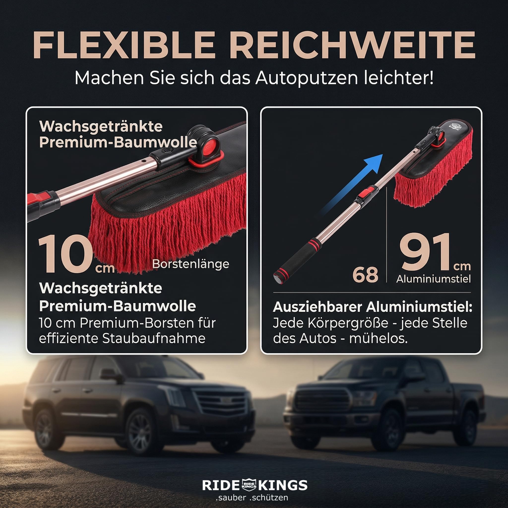 Clean RIDE KINGS Premium Products Juego de plumero grande para coche, fregonas de limpieza con mango ajustable para coche, camión y camping, cepillo de algodón suave para pintura, incluye bolsa