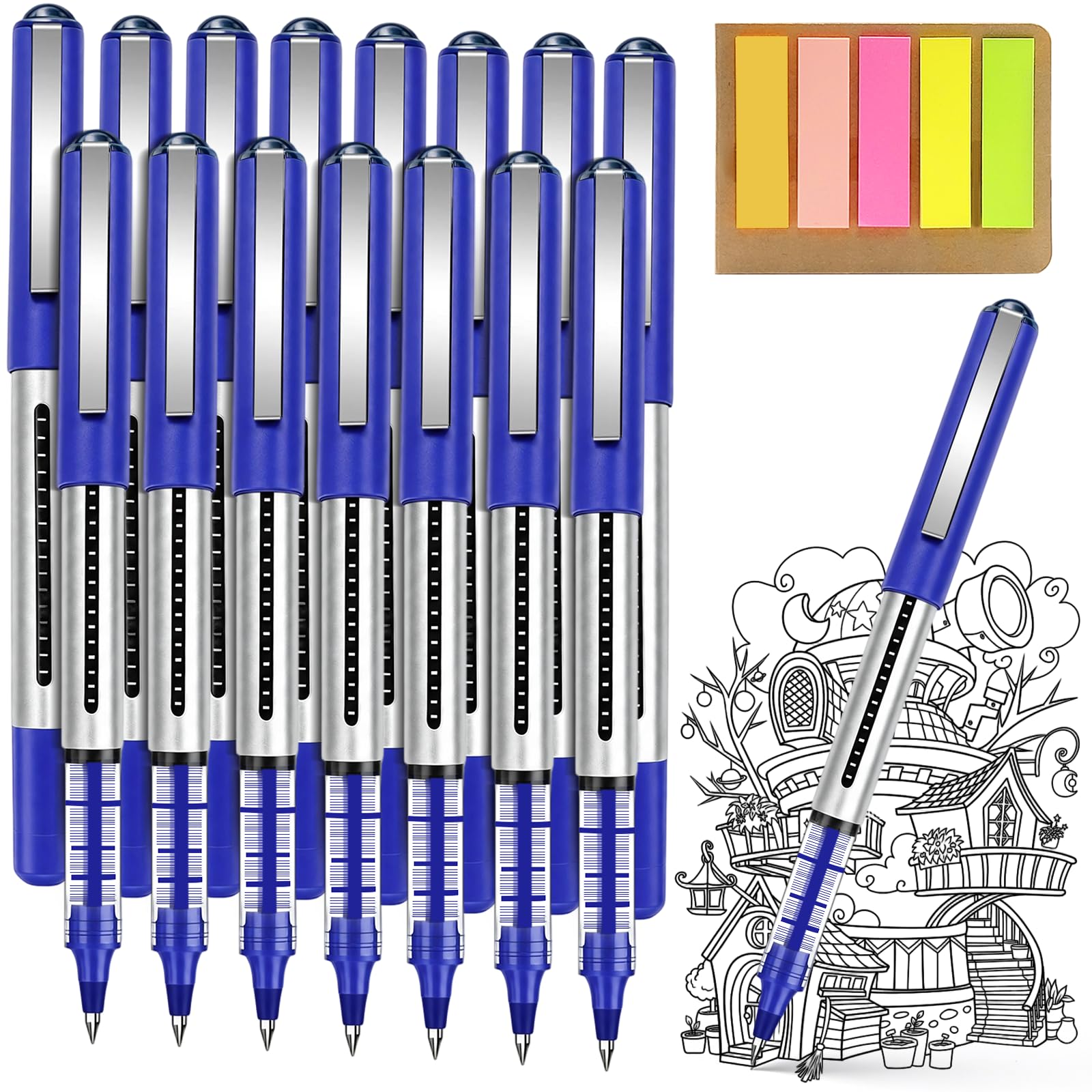 15 Pack Blue Gel Pens, 0.5mm Liquid Ink Rollerball Pens with Sticky Notes