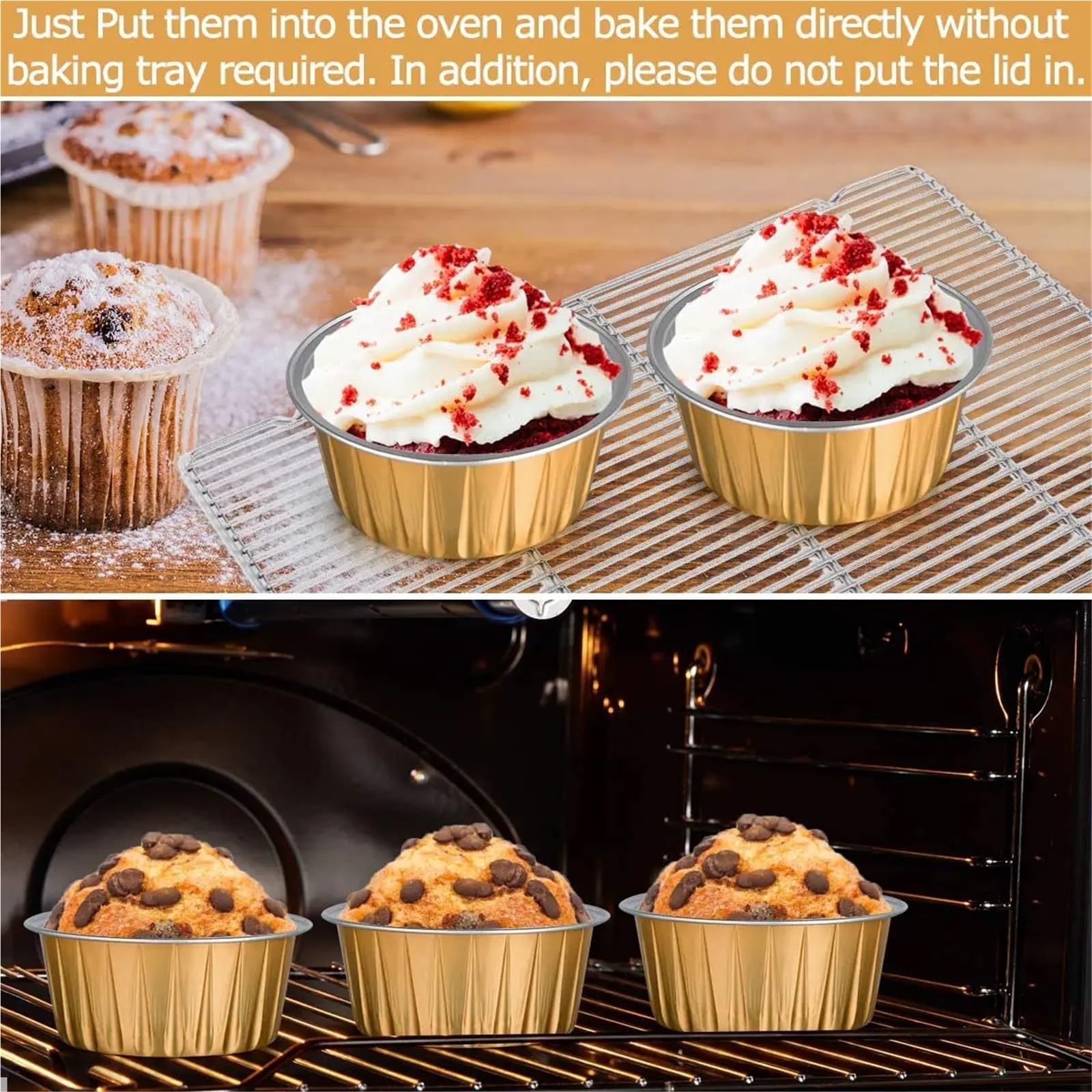 Moule Papier Muffin Coupes à dessert avec couvercles, lot de 50, supports caissettes en aluminium doré, gobelets transparents for pudding et cupcakes