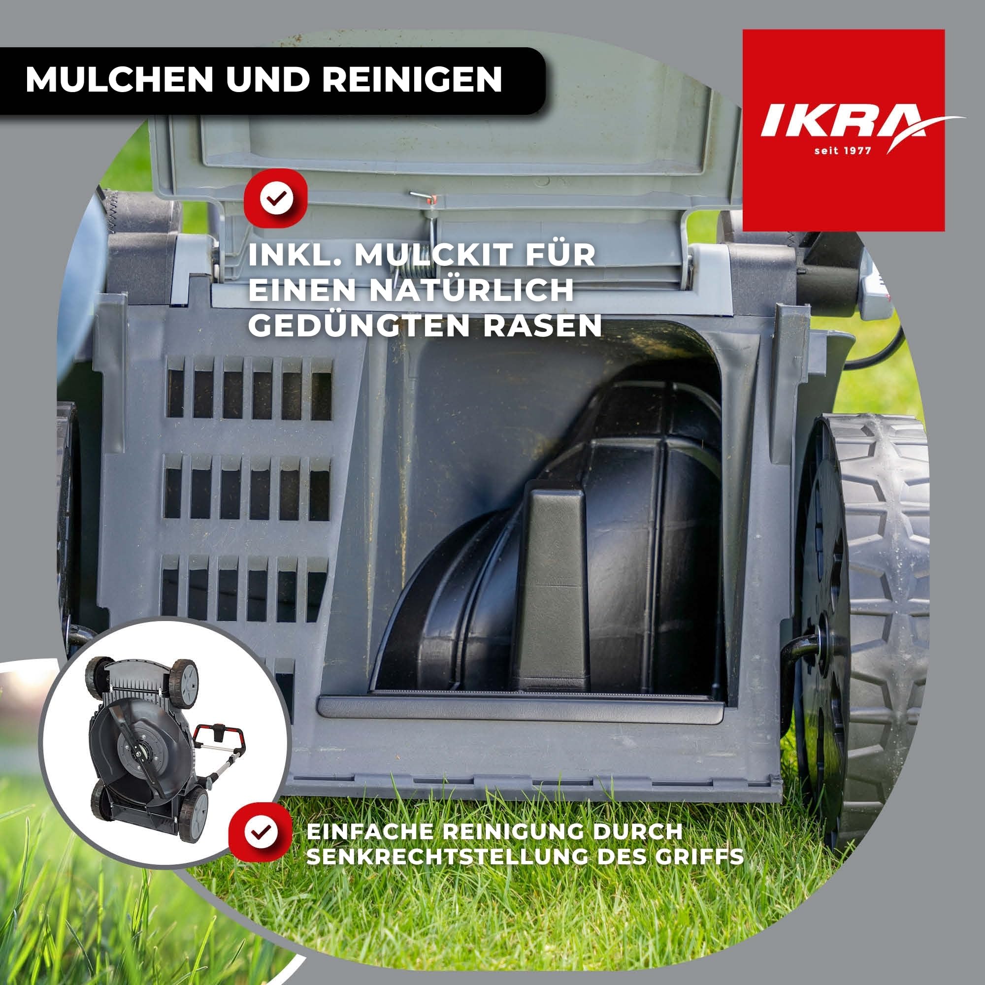 IKRA Rasenmäher IB-LM 38, 3in1, Breite 38cm, ohne 36V Akku & Ladegerät | Kompatibel mit Bosch, Rasenflächen bis 400m², Schnitthöhe 30-75mm, Fangkorb 42l, Batterieladeanzeige am Griff, inkl. Mulchkit