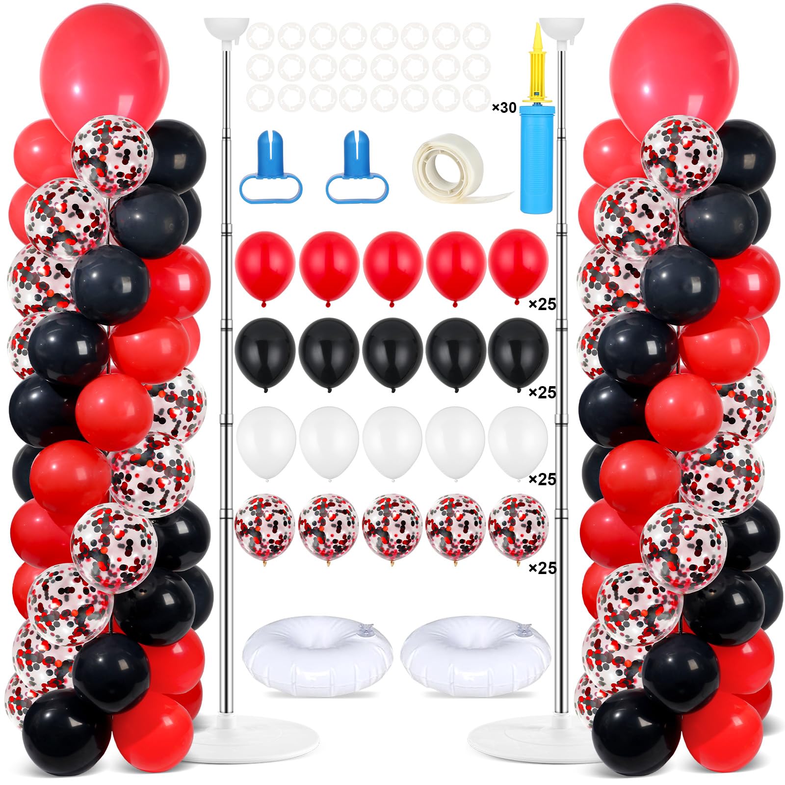 Photo 1 of 2 Sets Red and Black Balloon Column Stand Kit with 100 Balloons Adjustable Balloon Tower Stand with Bases for Floor Confetti Balloons Column Kit for Graduation Birthday Appreciation Party Decor