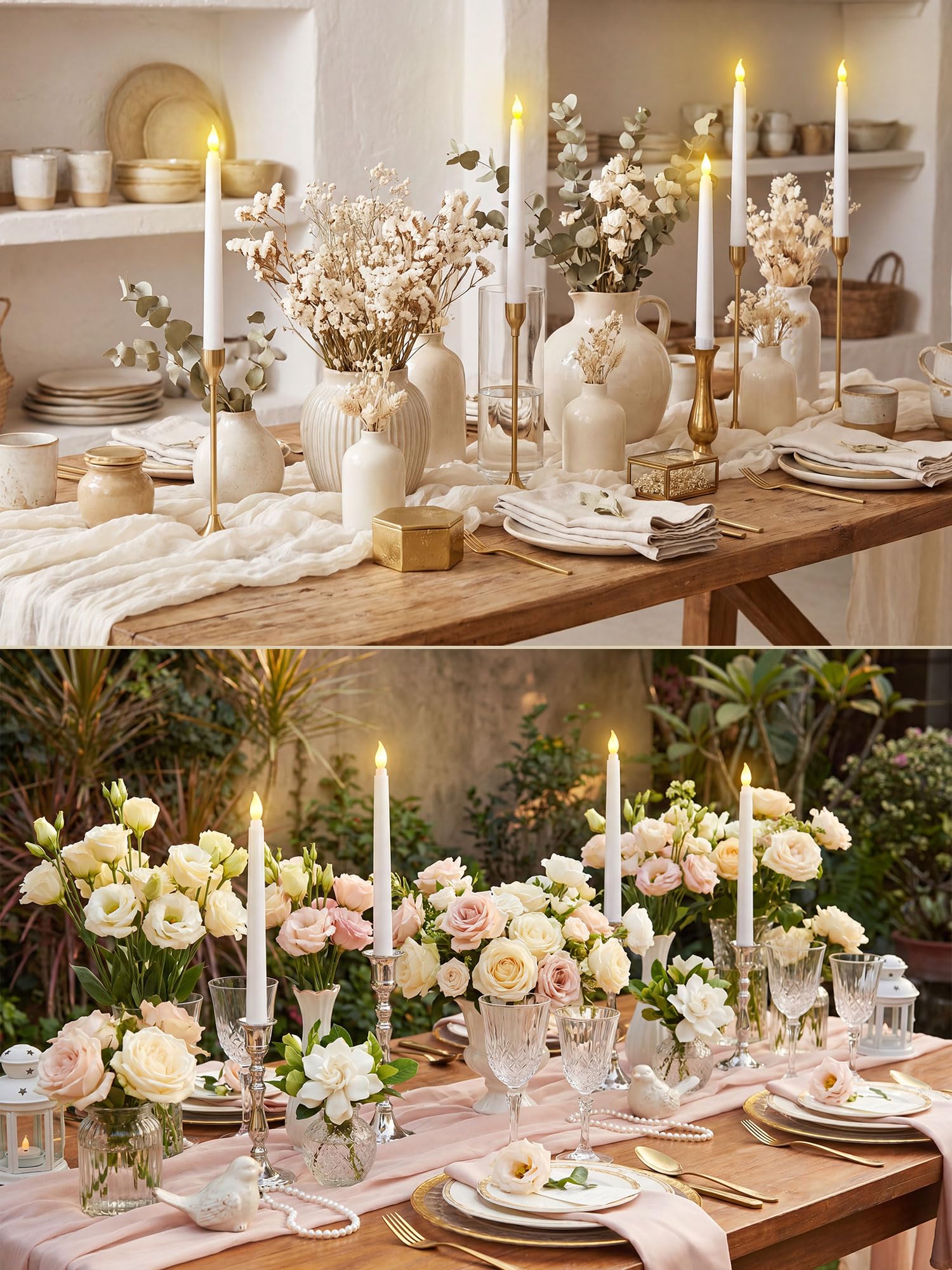 Treela 24 velas cónicas sin llama que funcionan con pilas, velas falsas a granel, velas LED parpadeantes cónicas para decoración de Pascua, boda, aniversario (básico, 8 pulgadas, blanco)