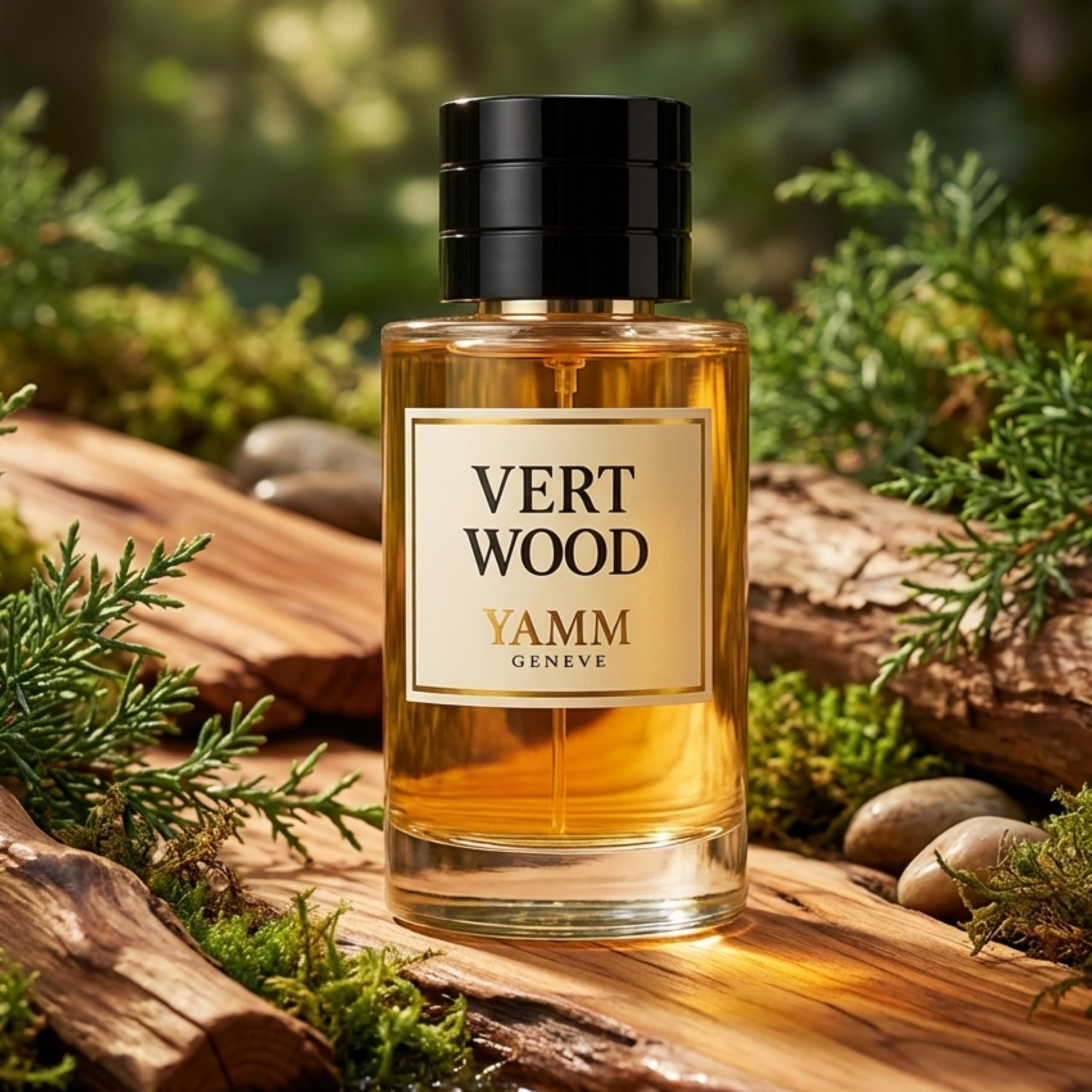 Vert Wood – Extrait de Parfum Homme – Cyprès & Cèdre – 50 ml | Accord boisé aromatique très frais et structuré, à la tenue durable, avec agrumes, cyprès, gaïac et cèdre.