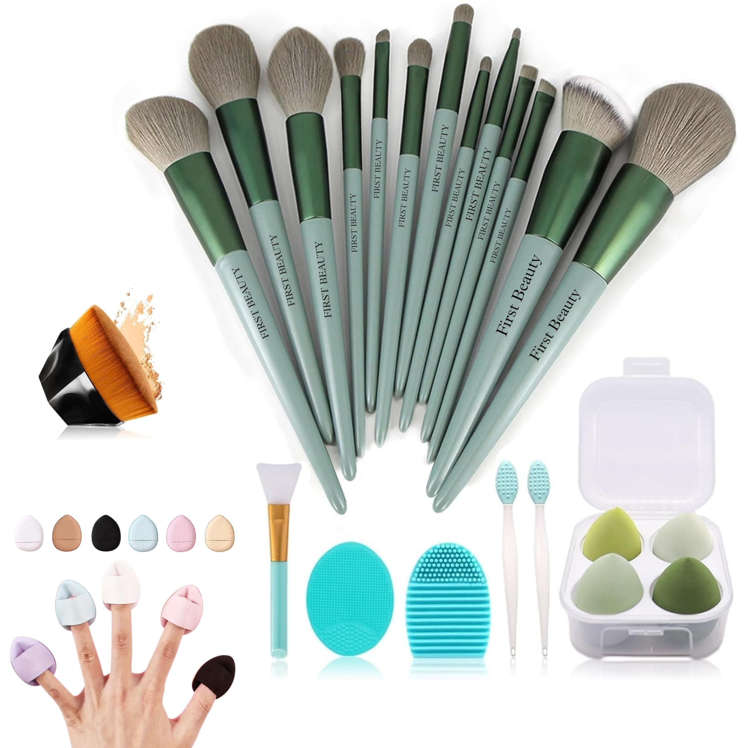 13 Pcs Green Beauty Makeup Brush Set with Blender Sponges & Cleaning Tools | Professional Soft Synthetic Brushes for Face & Eye Makeup | Complete Makeup Tool Kit for Women-image-35