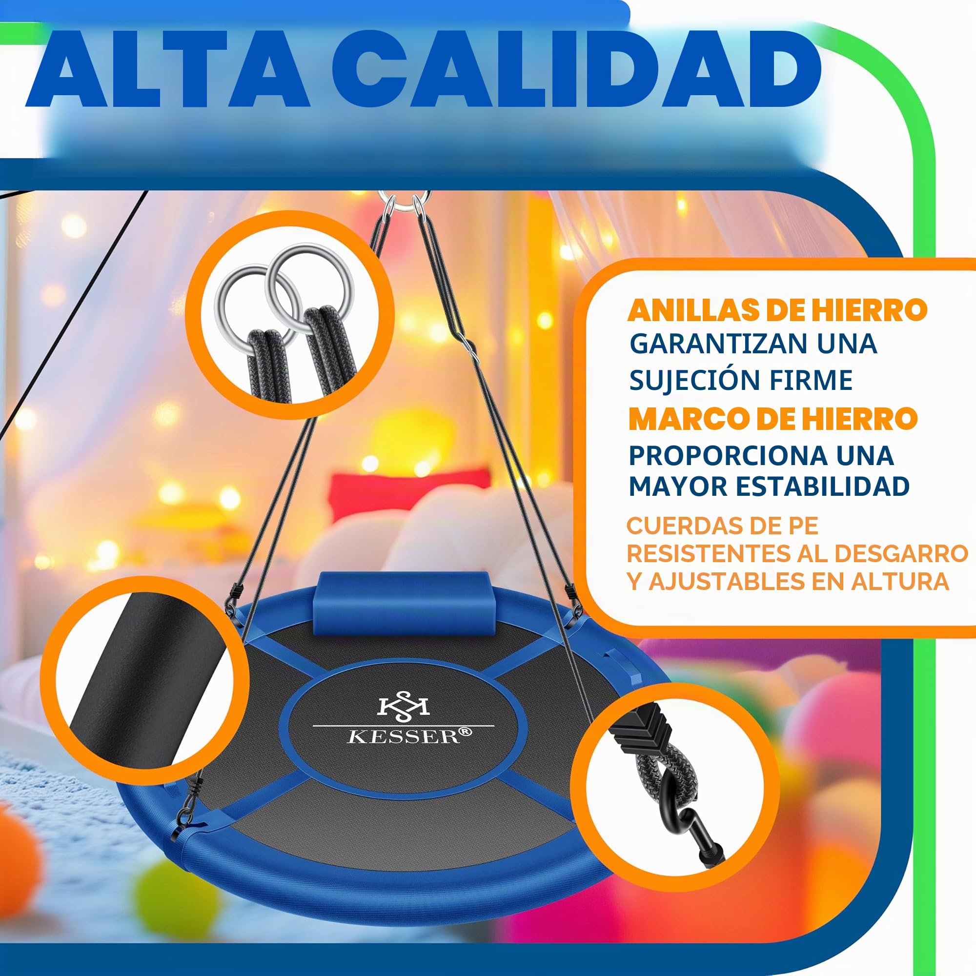 KESSER® Columpio nido de pájaro, diámetro 100 cm, carga máxima 300 kg, con cojín y 4 asas ajustables, para niños y adultos, color azul