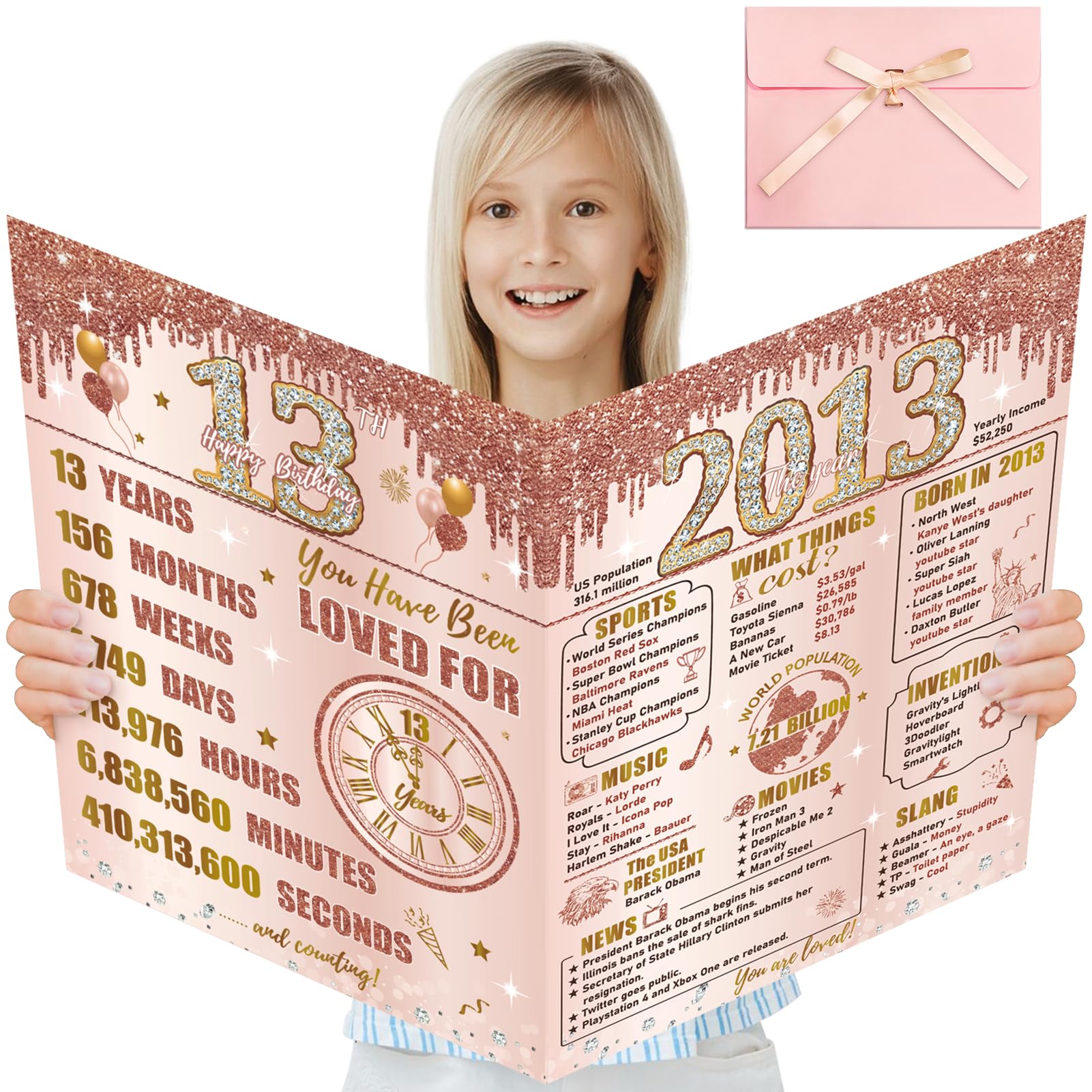 Turypaty Large 13th Birthday Card With Envelope for Girls, Pink Rose Gold The Year 2013 Happy 13th Birthday Giant Guest Signature Book Gift, Extra Big