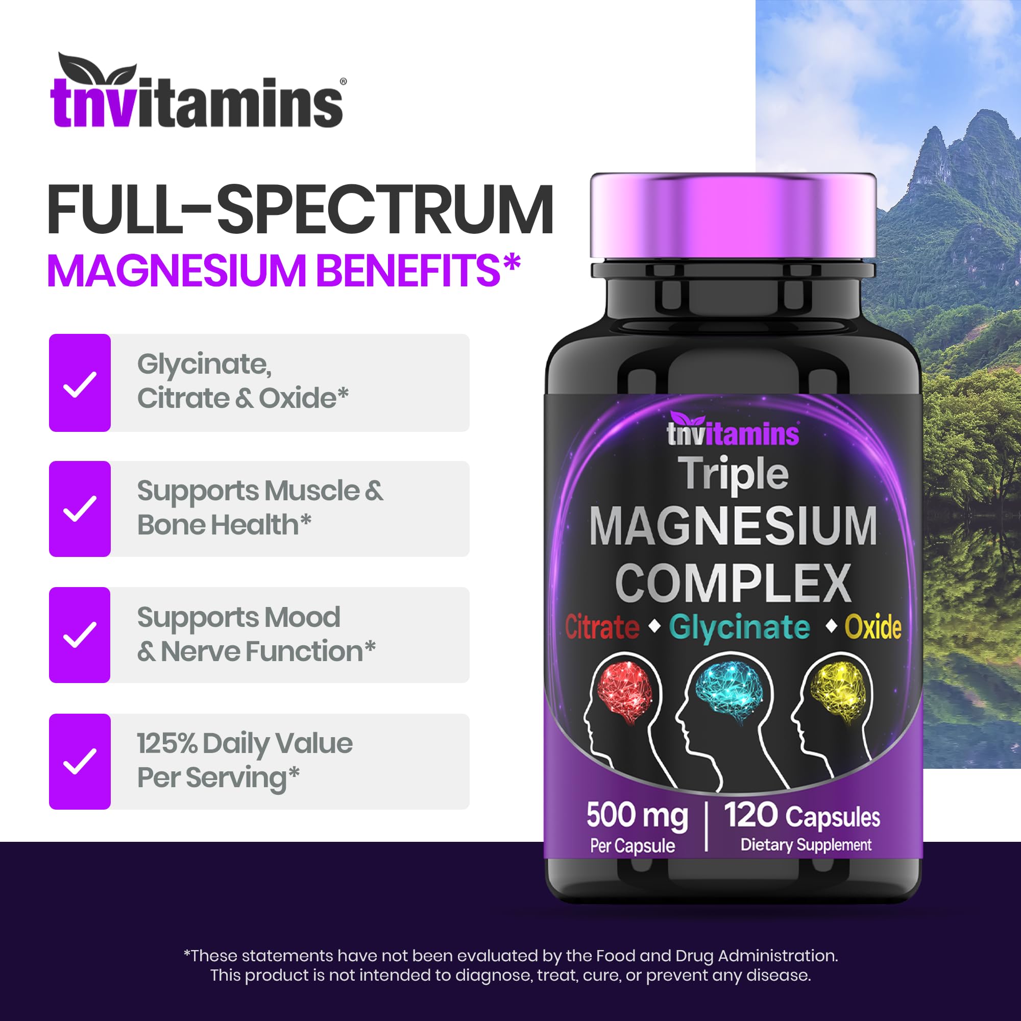 Triple Magnesium Complex Supplement 500mg: Magnesium Glycinate, Citrate, & Oxide - 120 Capsules (4 Month Supply!) | 1 Capsule Serving Provides 125% Daily Value | Non-GMO, Made in the USA! — Amazon image 4