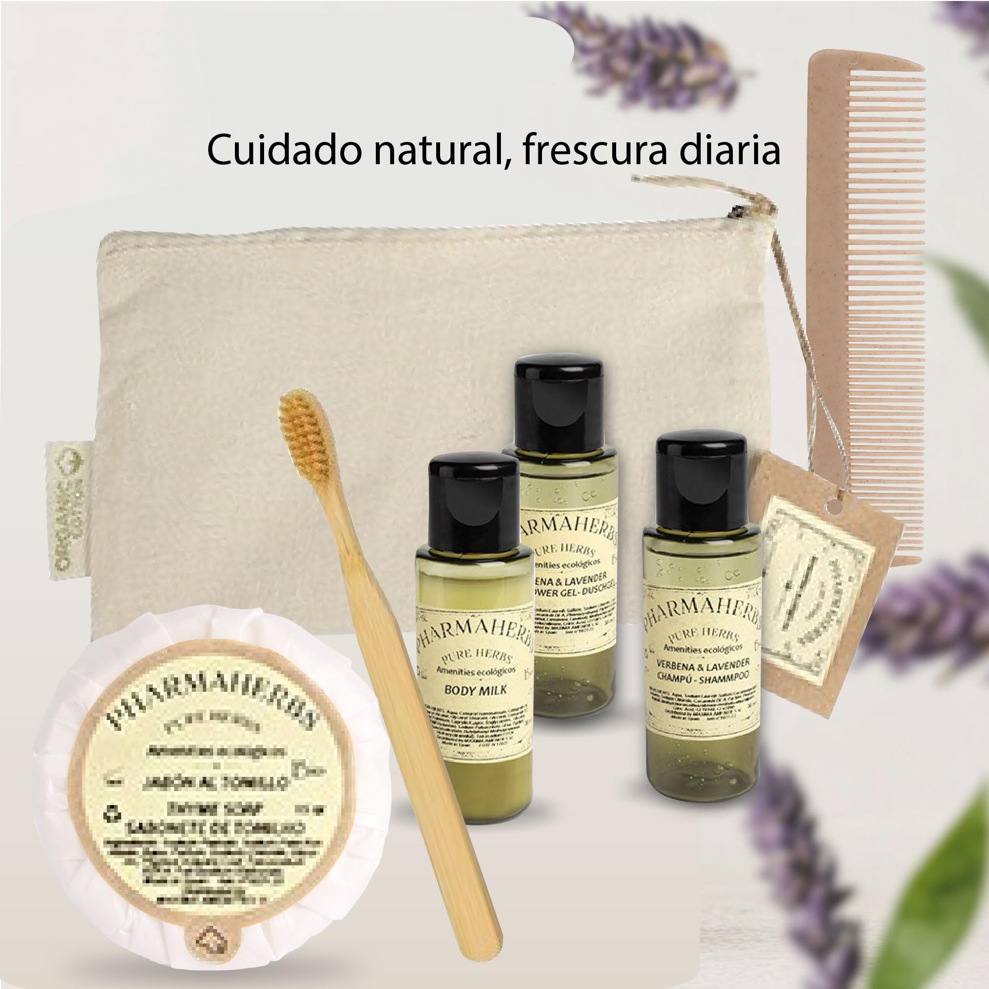 Pack de 50 Kits Completo en Neceser de Algodón - Incluye Gel, Champú, Body Milk, Jabón, Cepillo Dental de Bambú y Peine Biodegradable, Ideal para Hoteles y Viajes