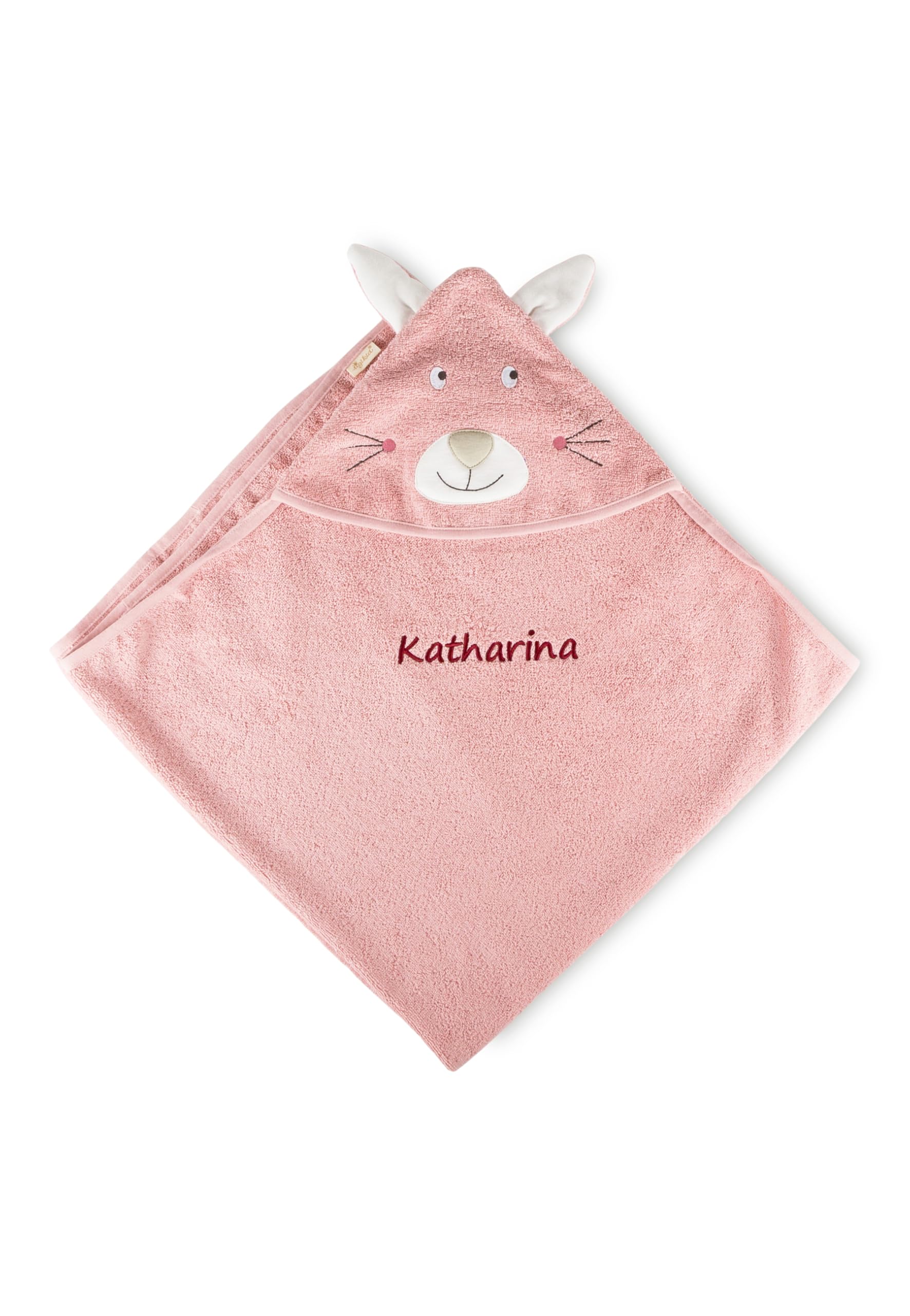 Sigikid Serviette de bain à capuche pour bébé personnalisable avec nom brodé - Cadeau pour bébés et enfants - Tissu éponge douillet en coton bio 95 x 95 cm - Capuche lapin mignonne - Vieux rose